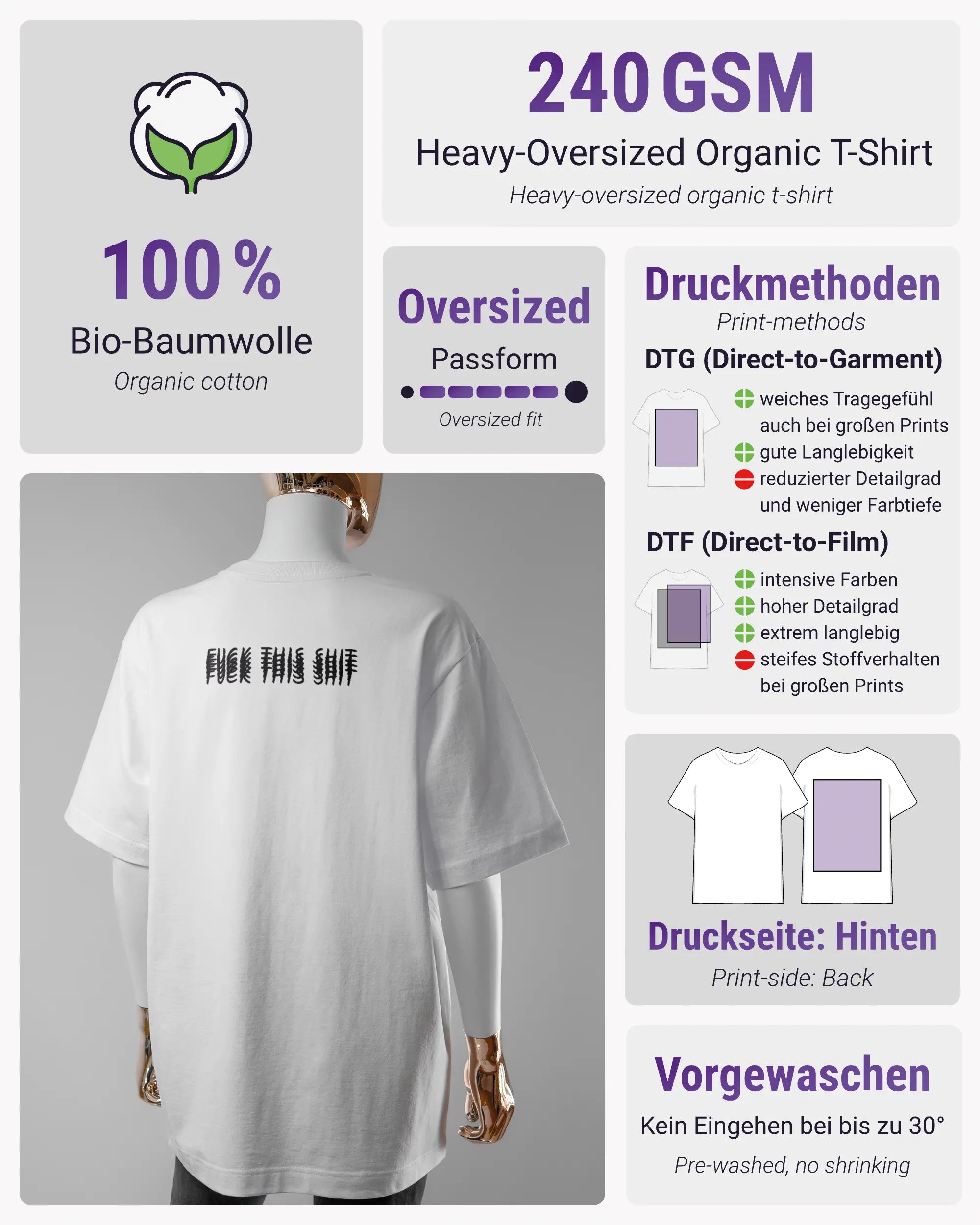 Produktinformationsblatt des Organic Unisex T-Shirt Heavy Oversized von Maondo mit dem Design Hidden Message hinten in der Farbe White und in der Größe S