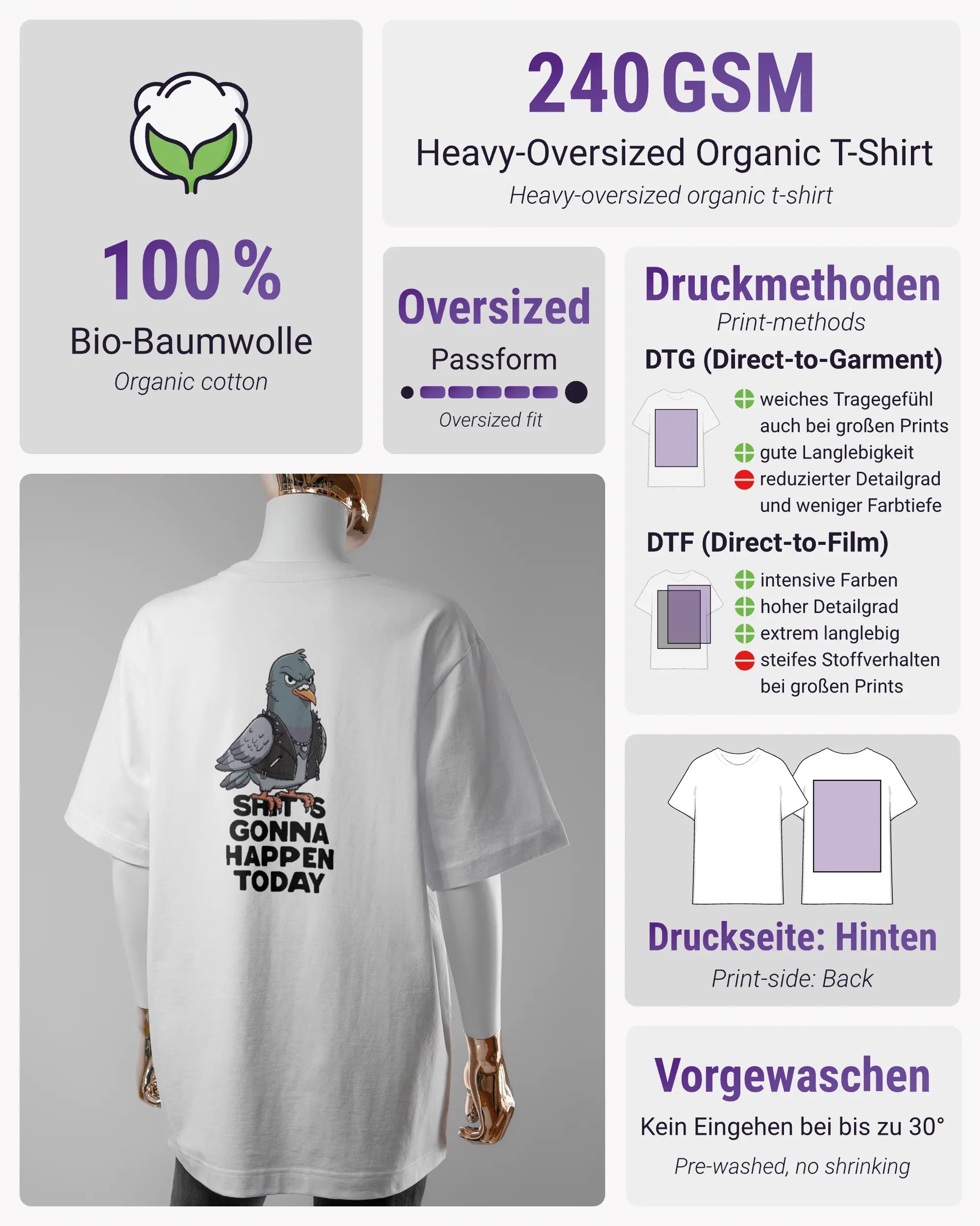 Produktinformationsblatt des Organic Unisex T-Shirt Heavy Oversized von Maondo mit dem Design Pigeon Pun hinten in der Farbe White und in der Größe S