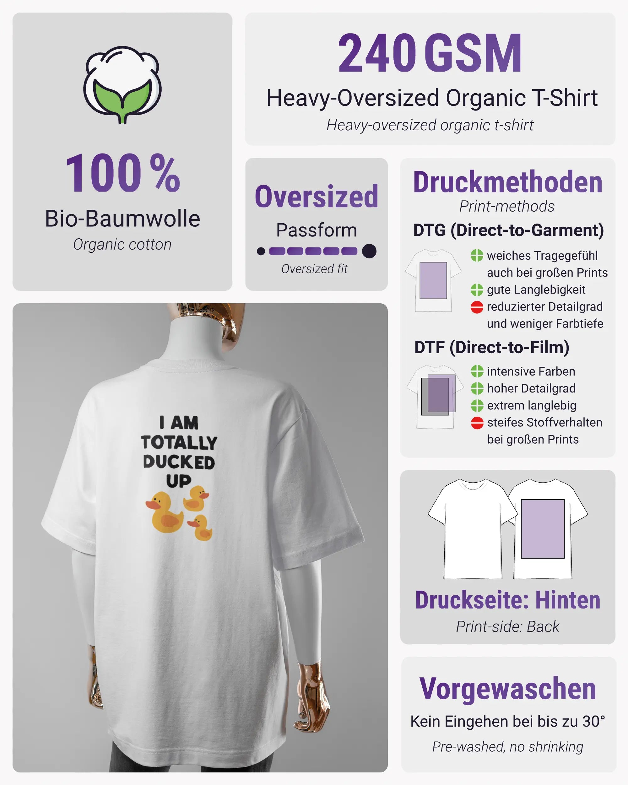 Produktinformationsblatt des Organic Unisex T-Shirt Heavy Oversized von Maondo mit dem Design Ducked Up hinten in der Farbe White und in der Größe S