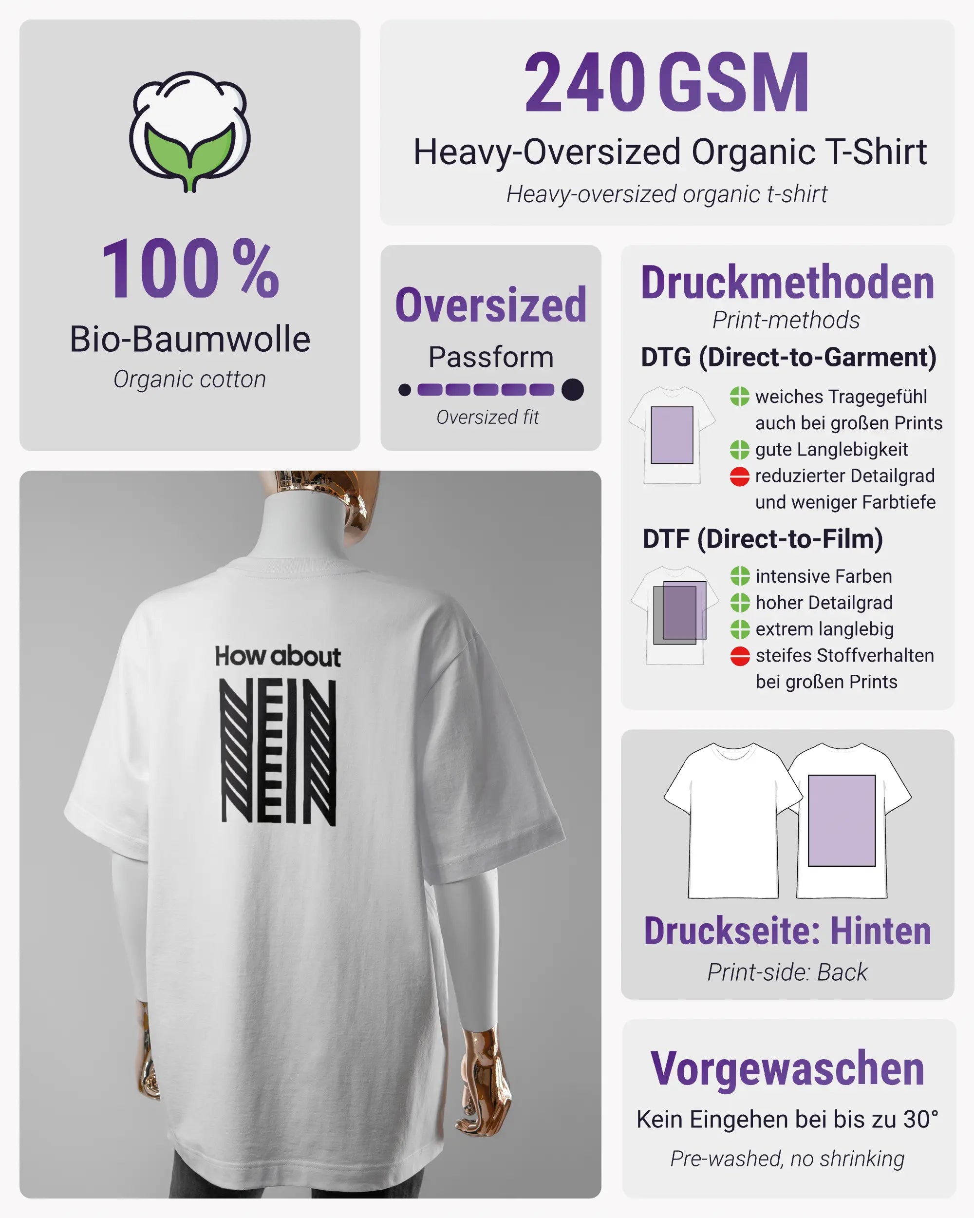 Produktinformationsblatt des Organic Unisex T-Shirt Heavy Oversized von Maondo mit dem Design How about nein hinten in der Farbe White und in der Größe S