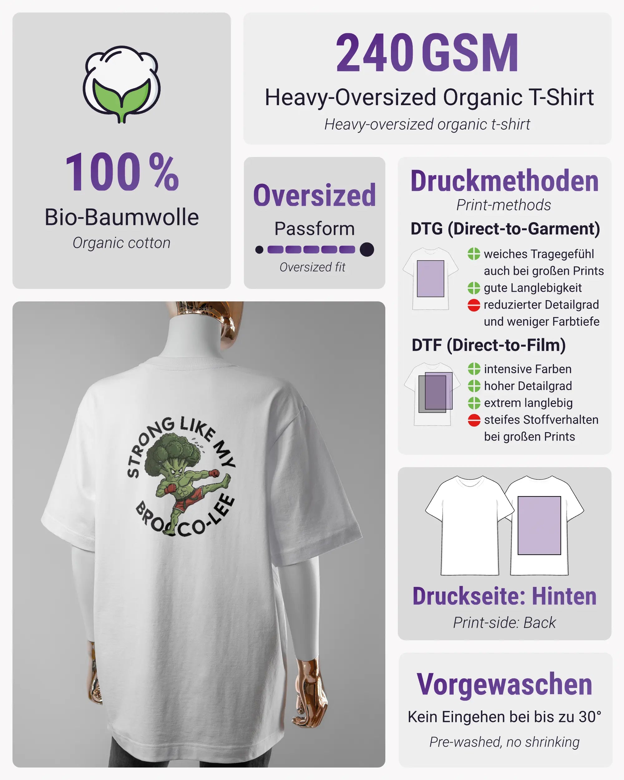 Produktinformationsblatt des Organic Unisex T-Shirt Heavy Oversized von Maondo mit dem Design Brocco-Lee hinten in der Farbe White und in der Größe S