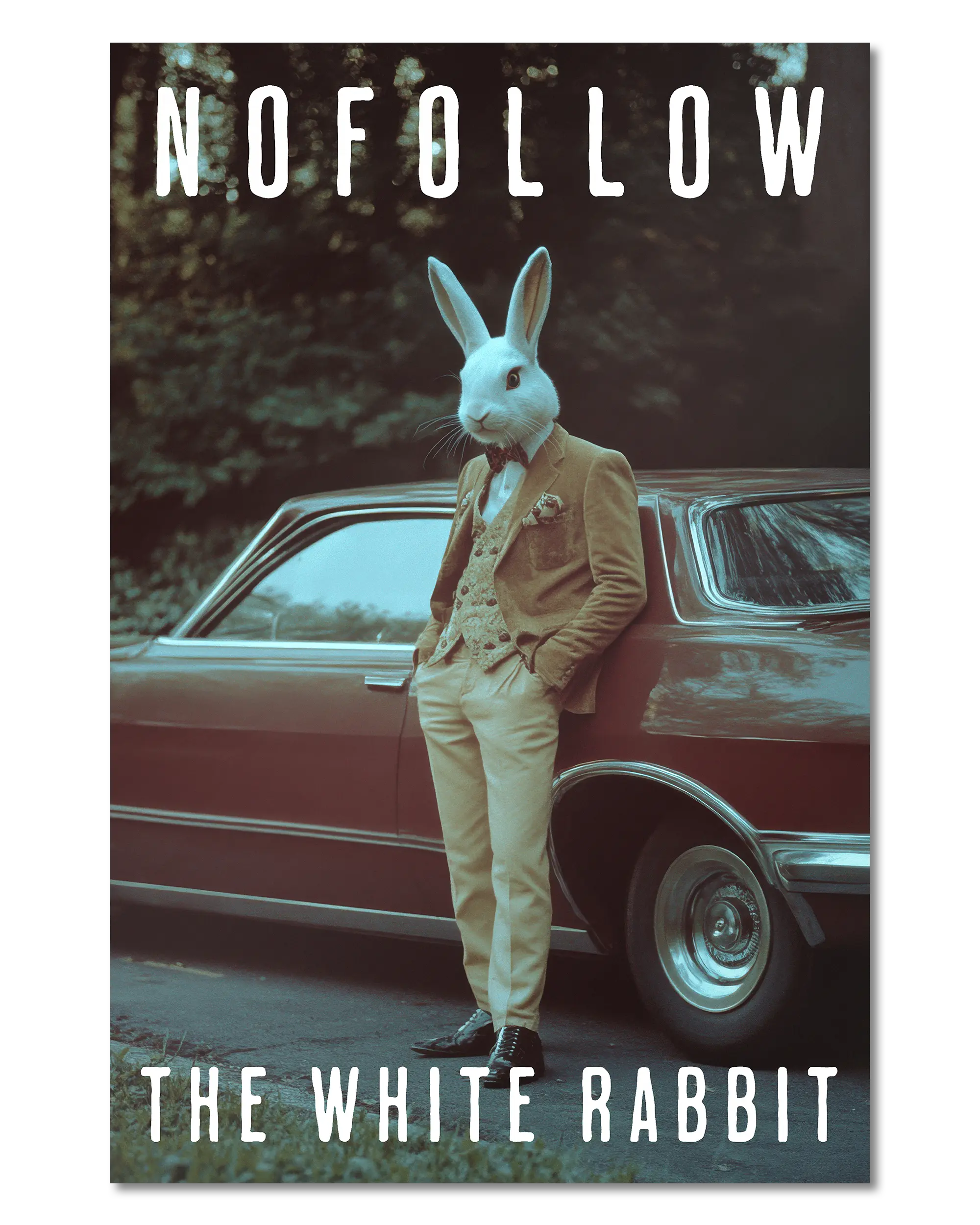 Frontalansicht des Poster Plate Designs Nofollow the White Rabbit im Original Style in der Größe Main (40 x 60 cm)