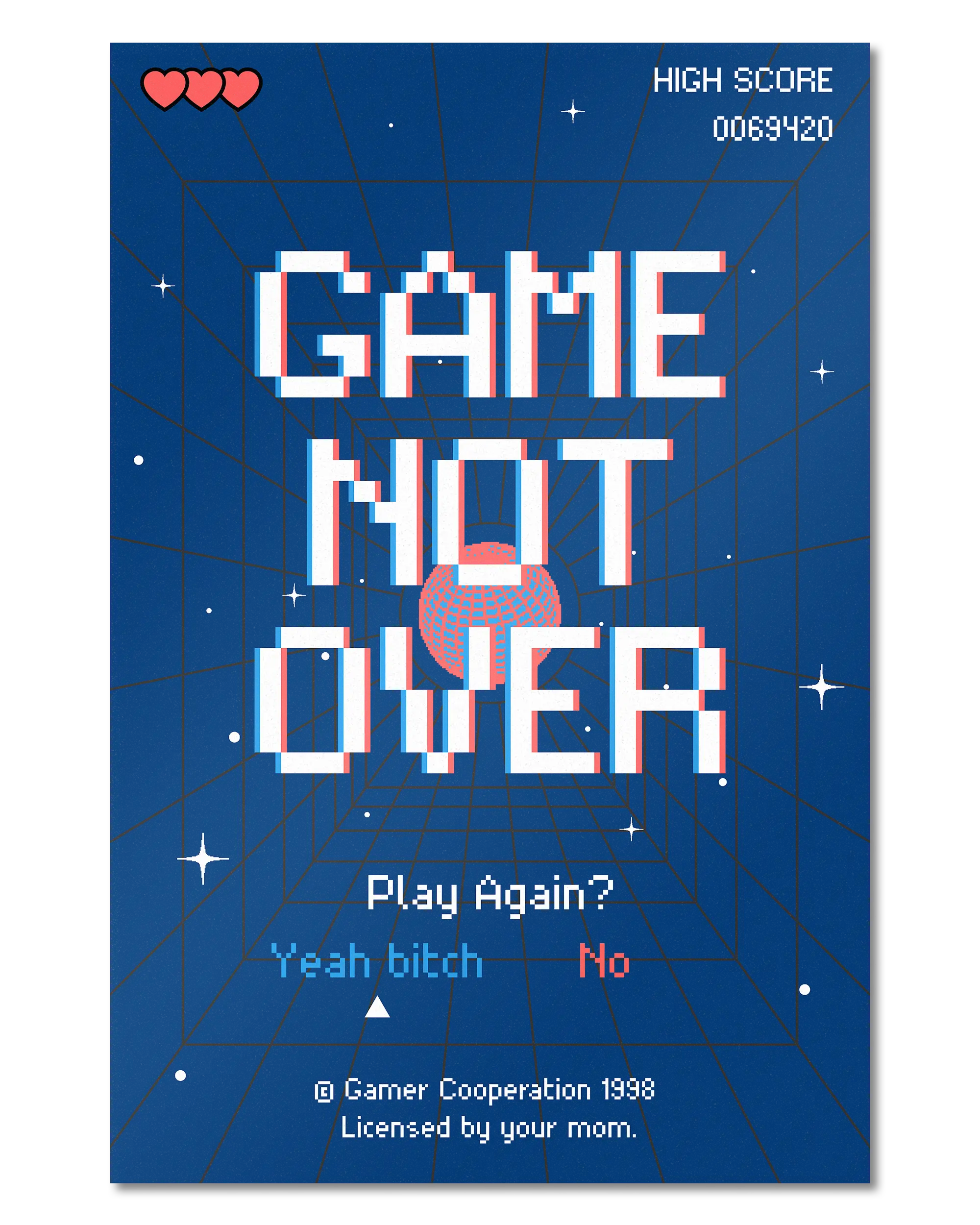 Frontalansicht des Poster Plate Designs Game not over im Original Style in der Größe Main (40 x 60 cm)