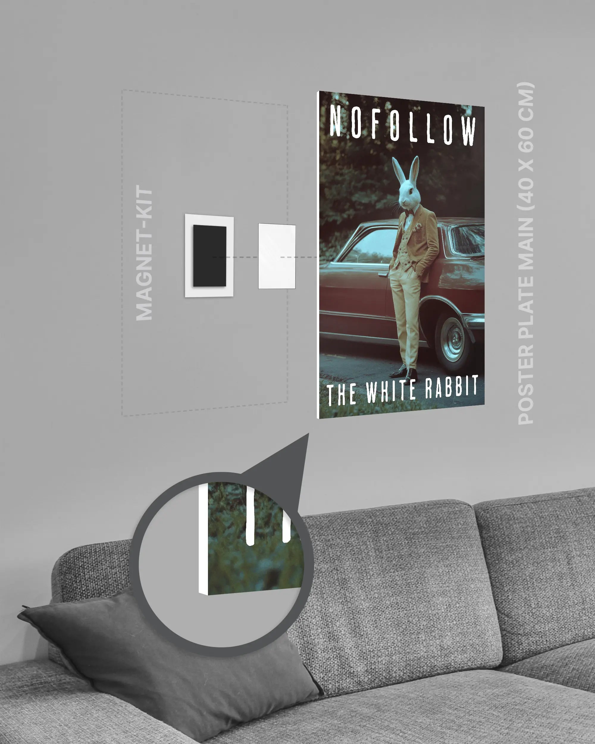 Magnet-Kit Seitenansicht des Poster Plate Designs Nofollow the White Rabbit im Original Style in der Größe Main (40 x 60 cm)