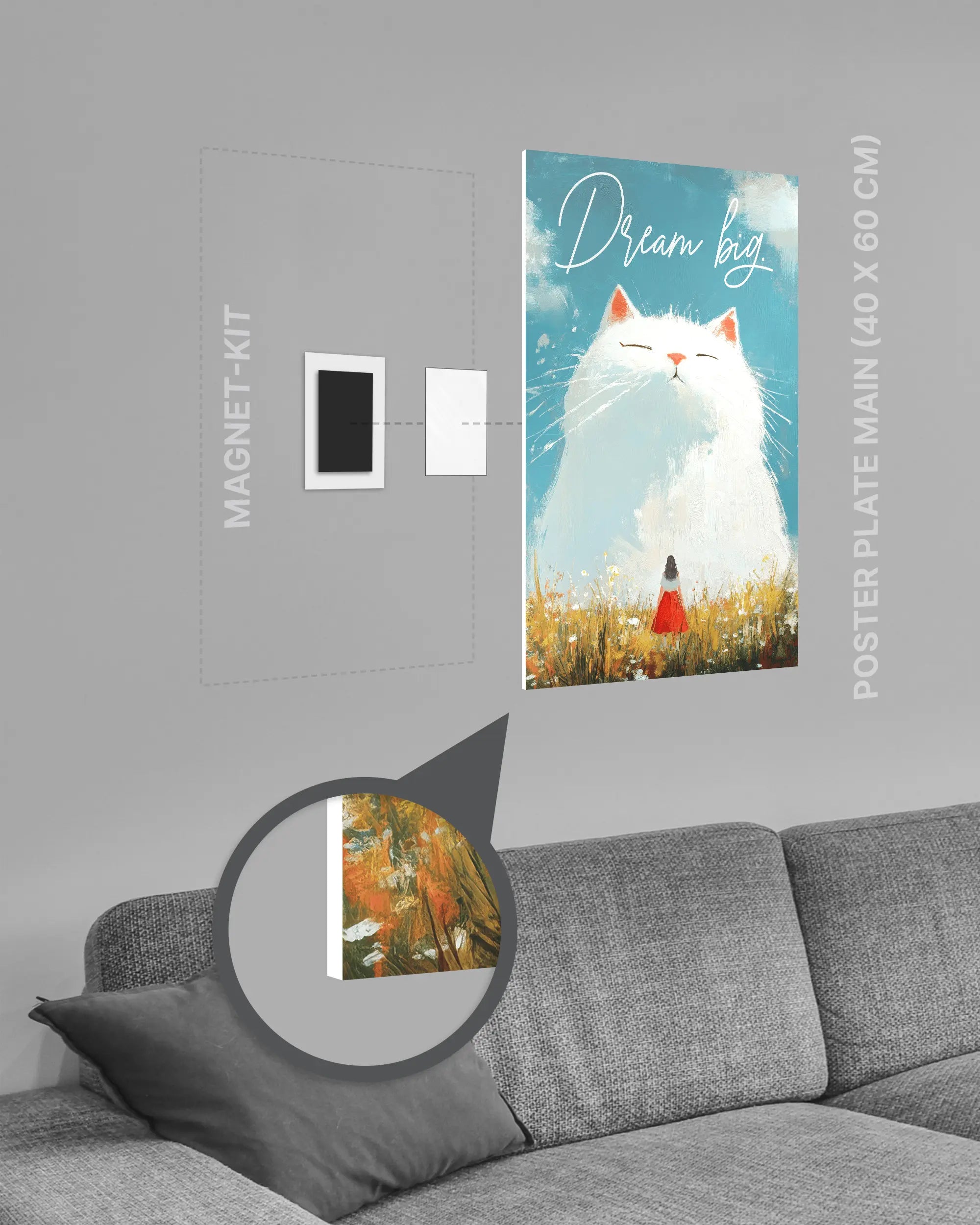 Magnet-Kit Seitenansicht des Poster Plate Designs Dream Big im Original Style in der Größe Main (40 x 60 cm)