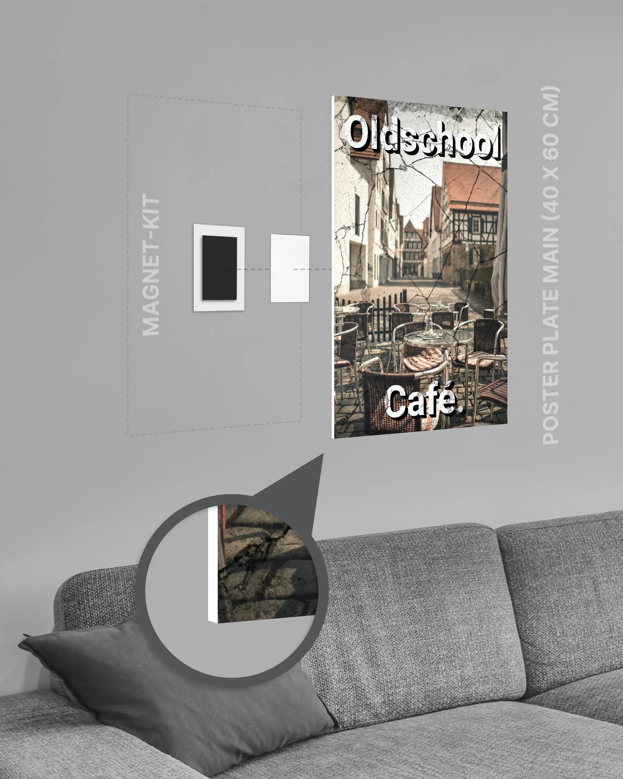 Magnet-Kit Seitenansicht des Poster Plate Designs Oldschool Café im Original Style in der Größe Main (40 x 60 cm)