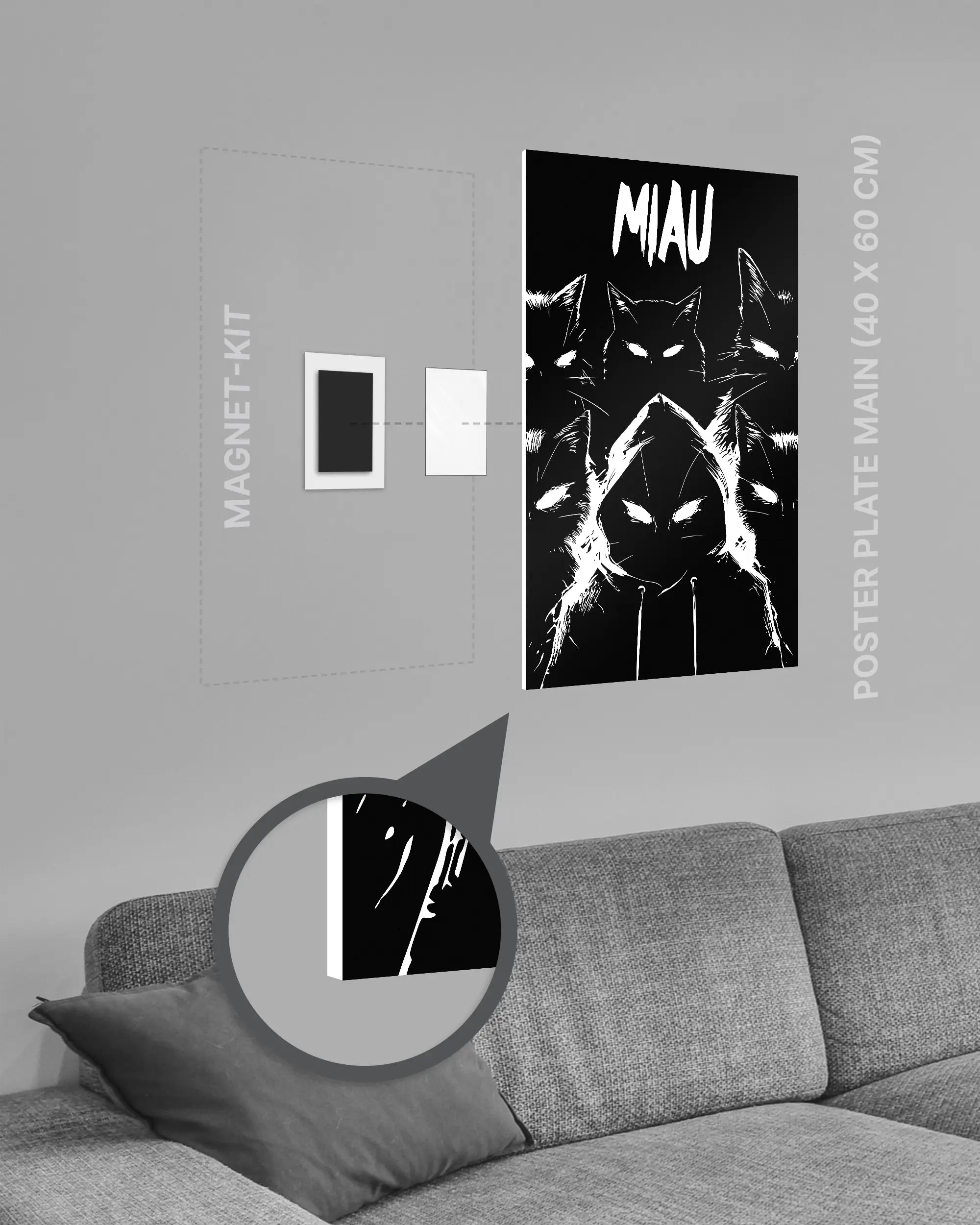 Magnet-Kit Seitenansicht des Poster Plate Designs Miau Gang im Original Style in der Größe Main (40 x 60 cm)