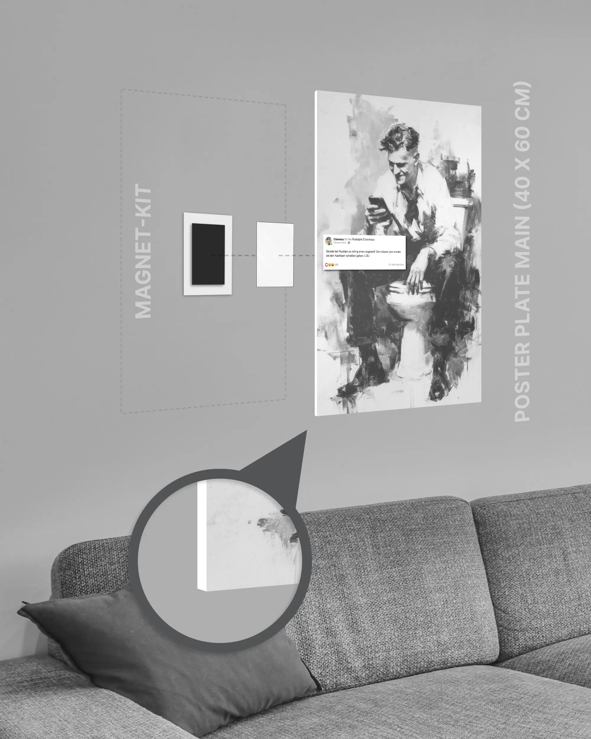 Magnet-Kit Seitenansicht des Poster Plate Designs Clemens kackt im Original Style in der Größe Main (40 x 60 cm)
