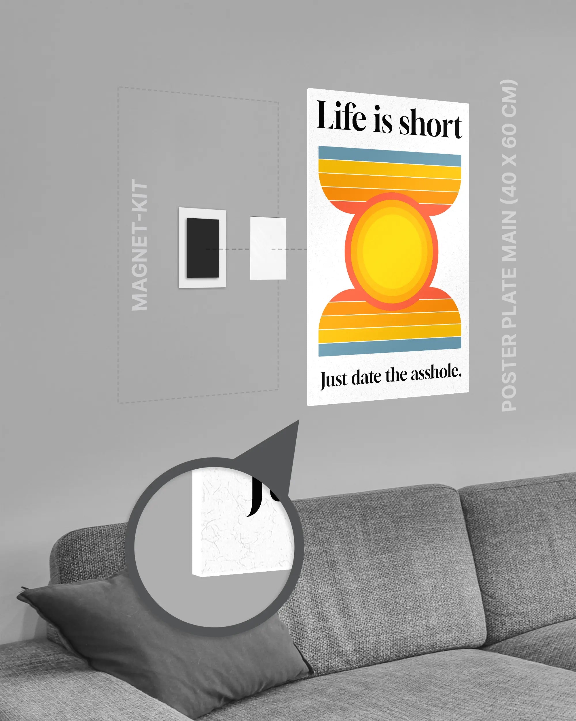 Magnet-Kit Seitenansicht des Poster Plate Designs Life is short im Original Style in der Größe Main (40 x 60 cm)