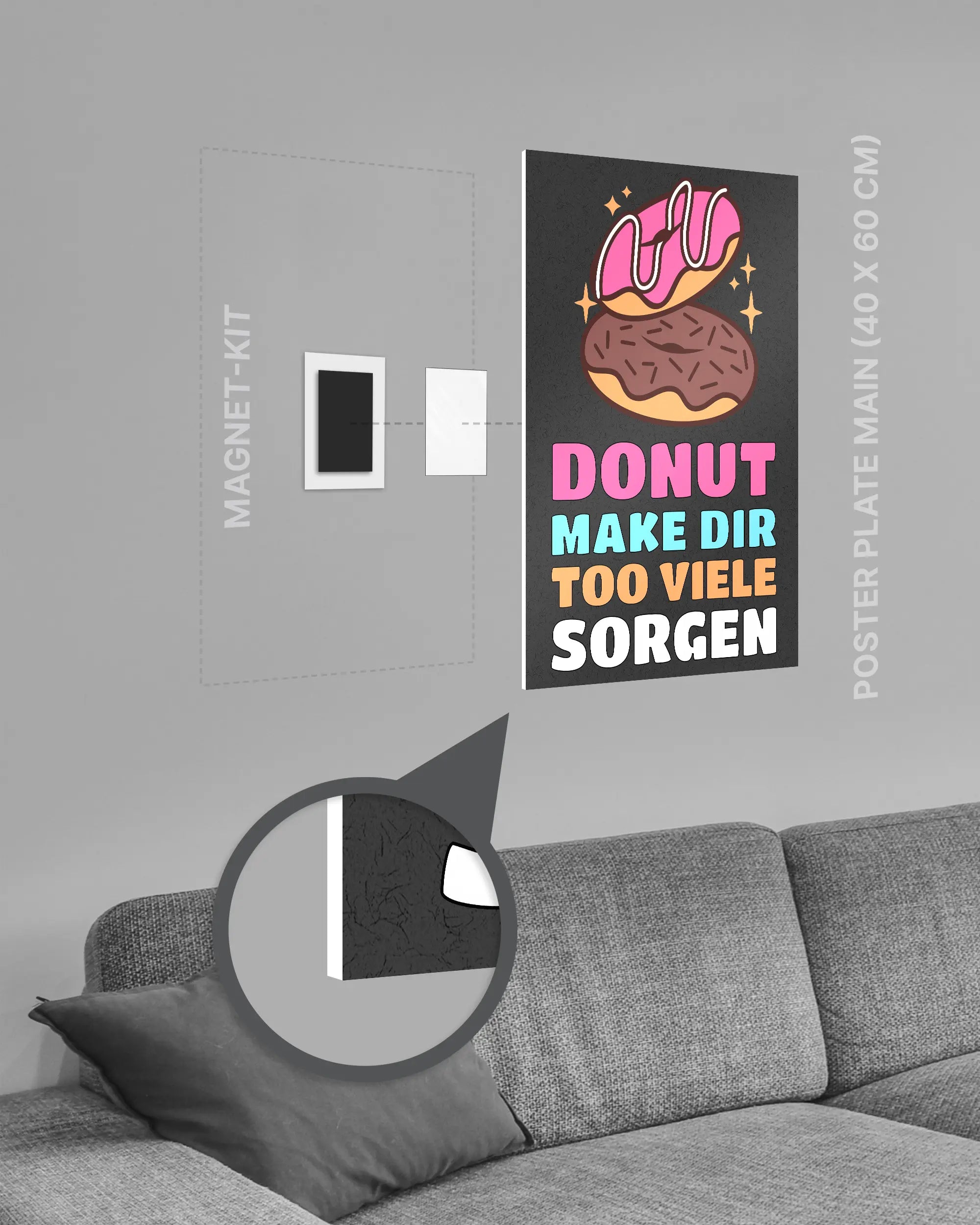 Magnet-Kit Seitenansicht des Poster Plate Designs Donut Worry im Original Style in der Größe Main (40 x 60 cm)