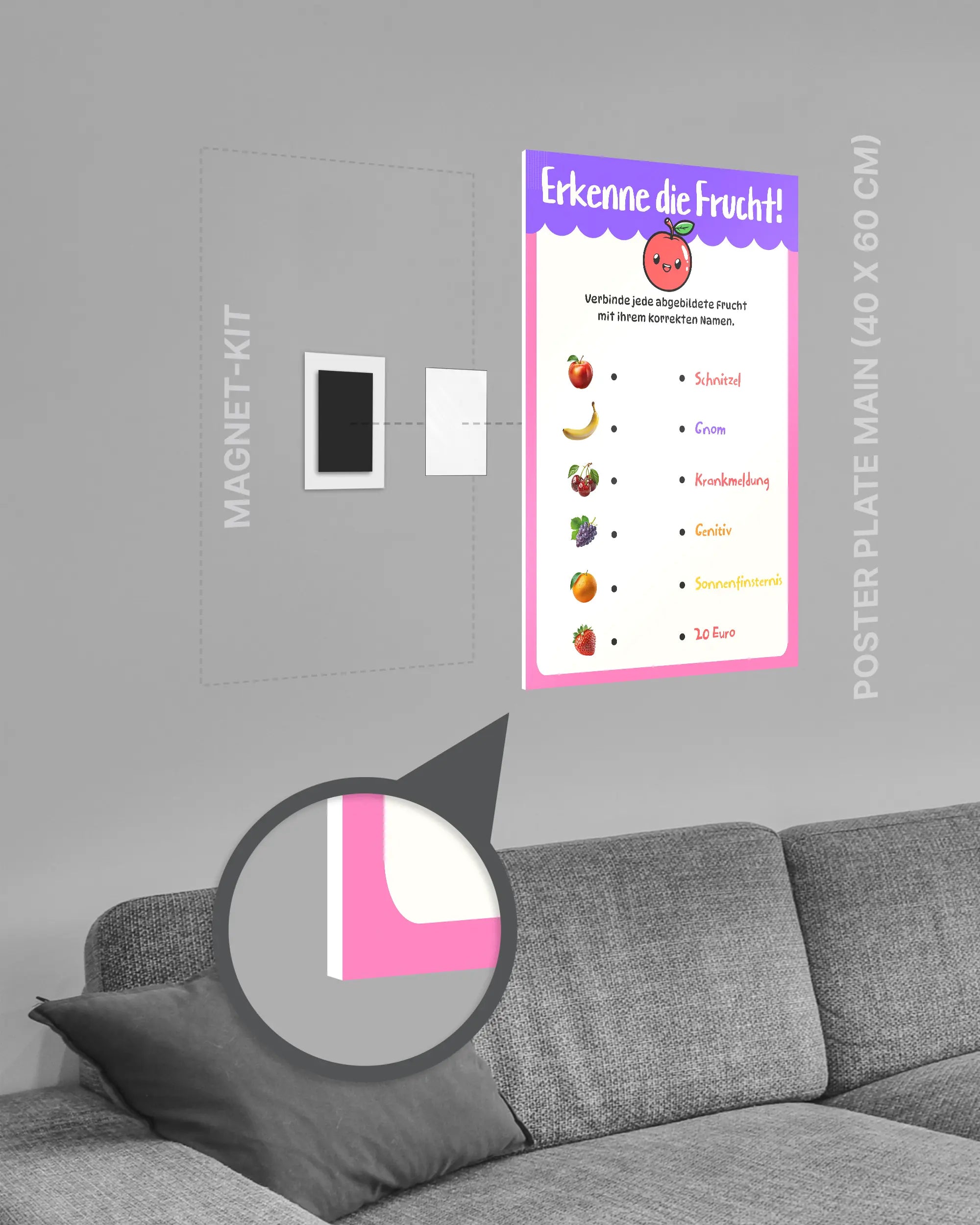 Magnet-Kit Seitenansicht des Poster Plate Designs Fruchtvokabeln im Original Style in der Größe Main (40 x 60 cm)
