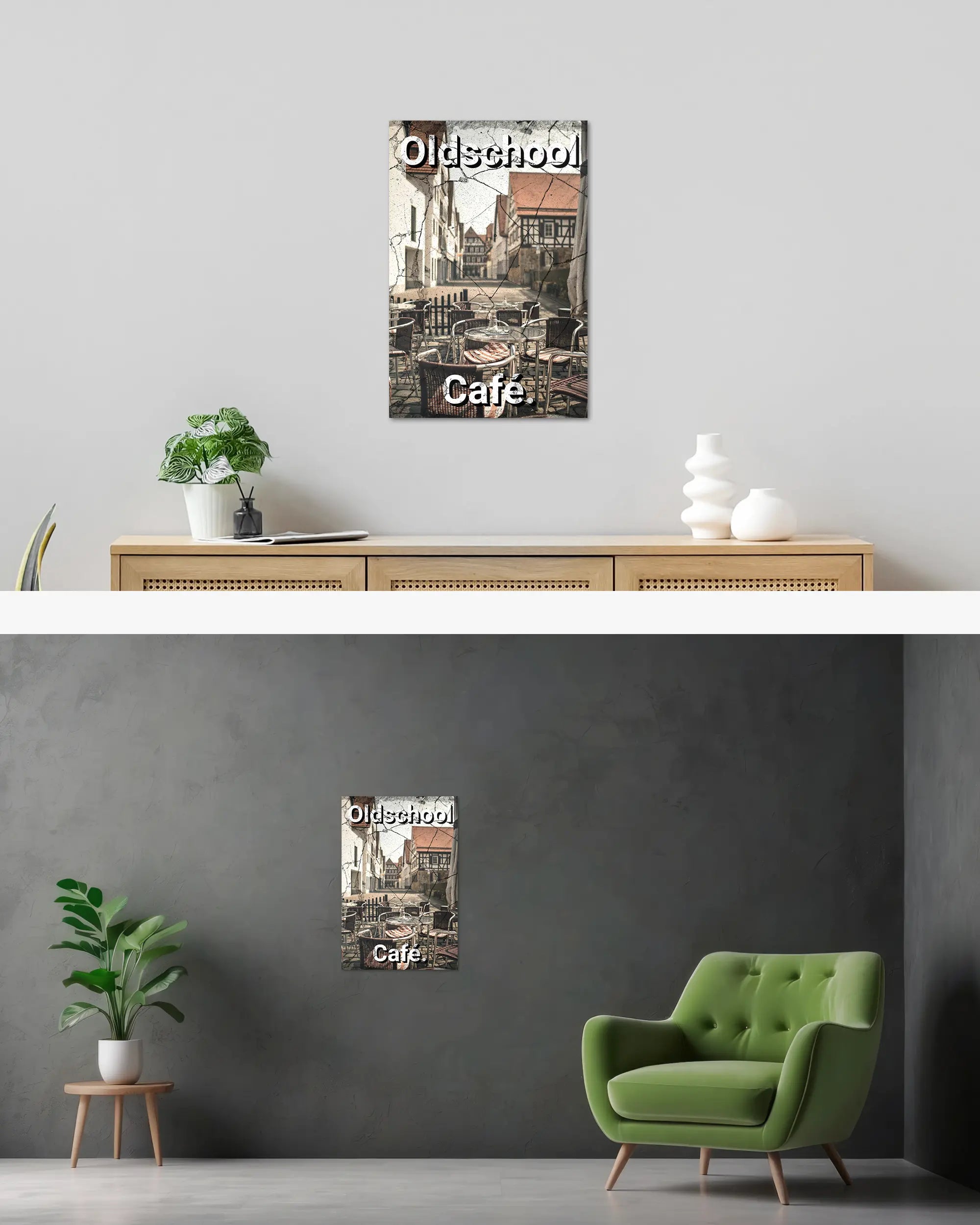 Wandansicht des Poster Plate Designs Oldschool Café im Original Style in der Größe Main (40 x 60 cm)