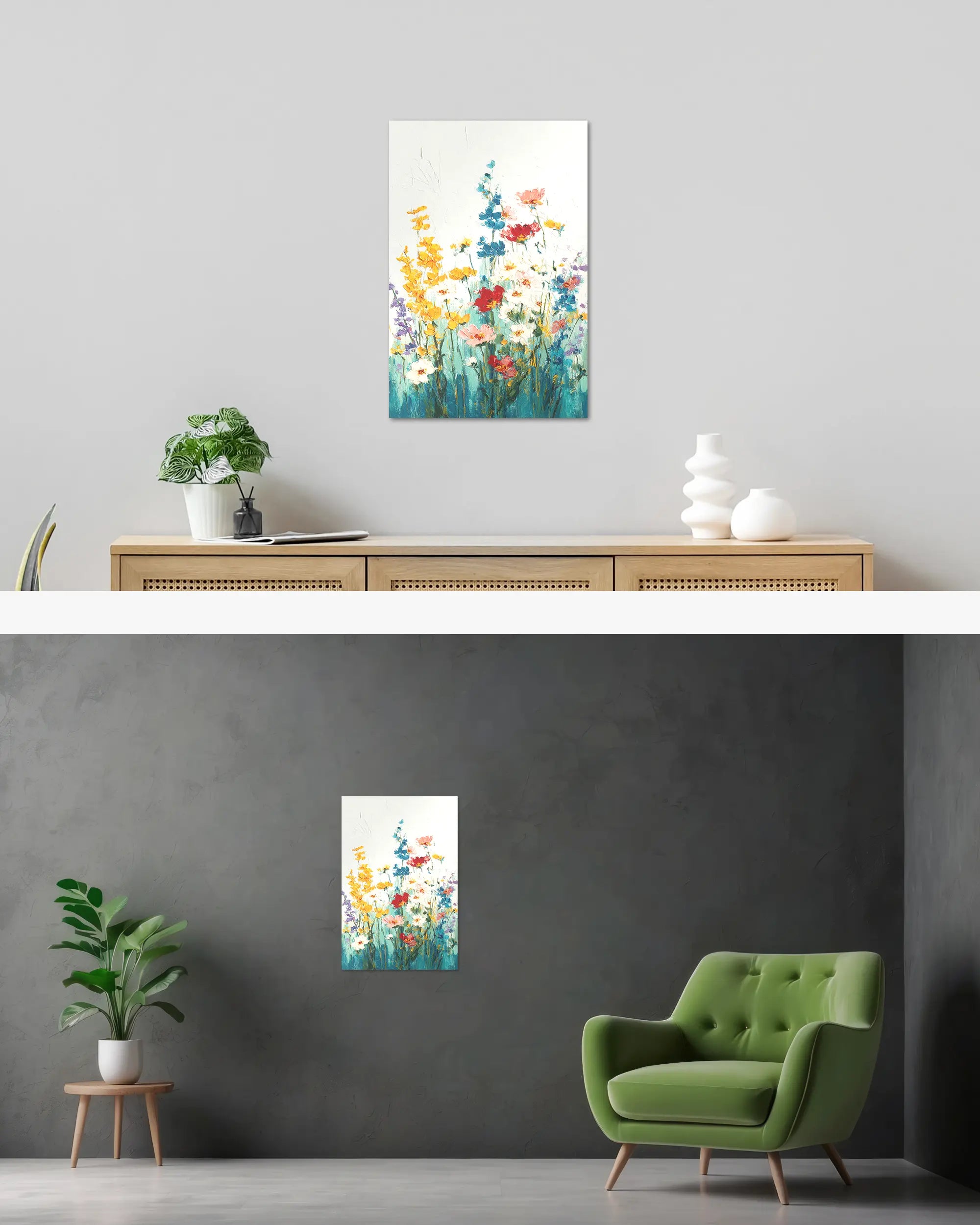 Wandansicht des Poster Plate Designs Blühen statt Mühen im Original Style in der Größe Main (40 x 60 cm)