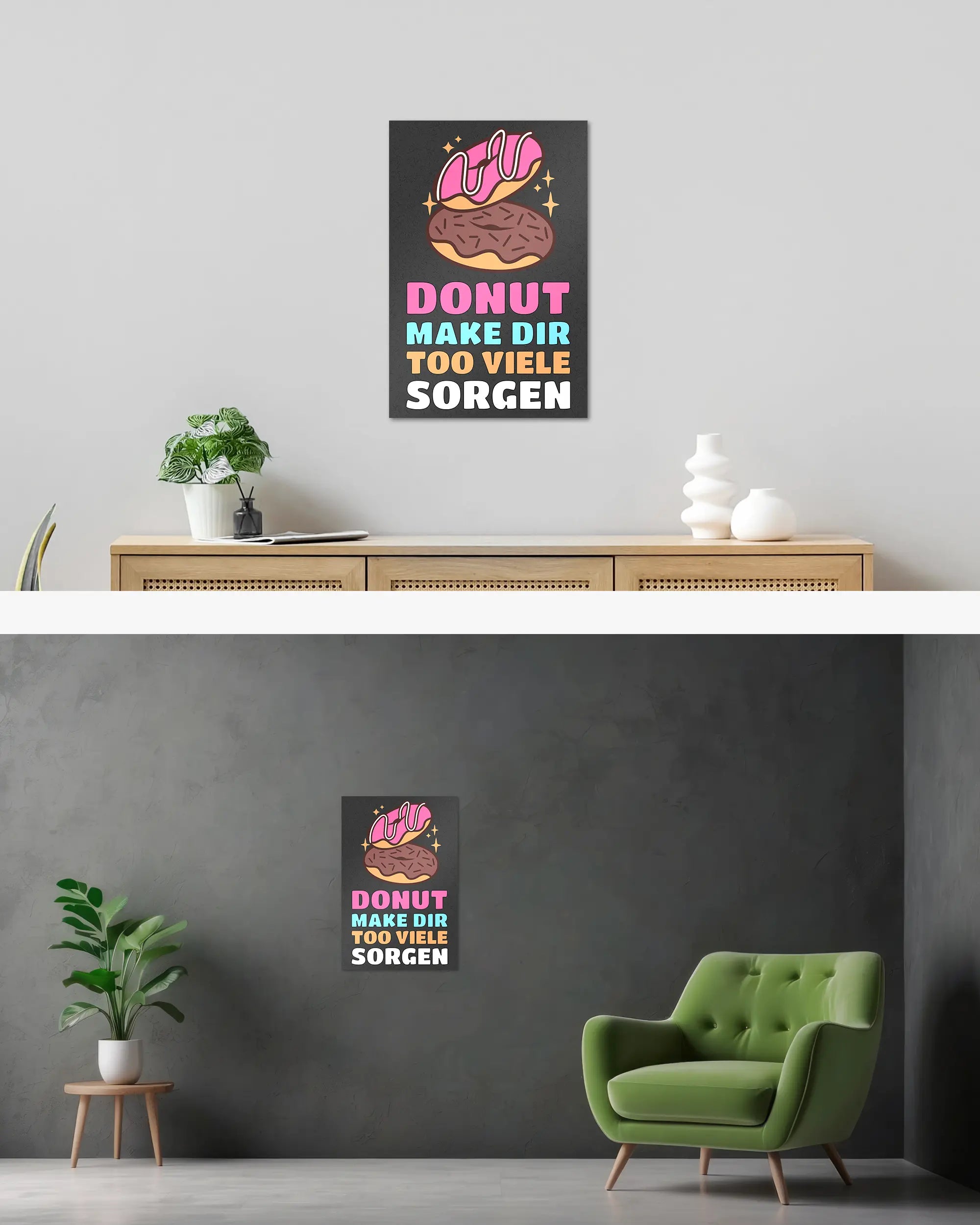 Wandansicht des Poster Plate Designs Donut Worry im Original Style in der Größe Main (40 x 60 cm)