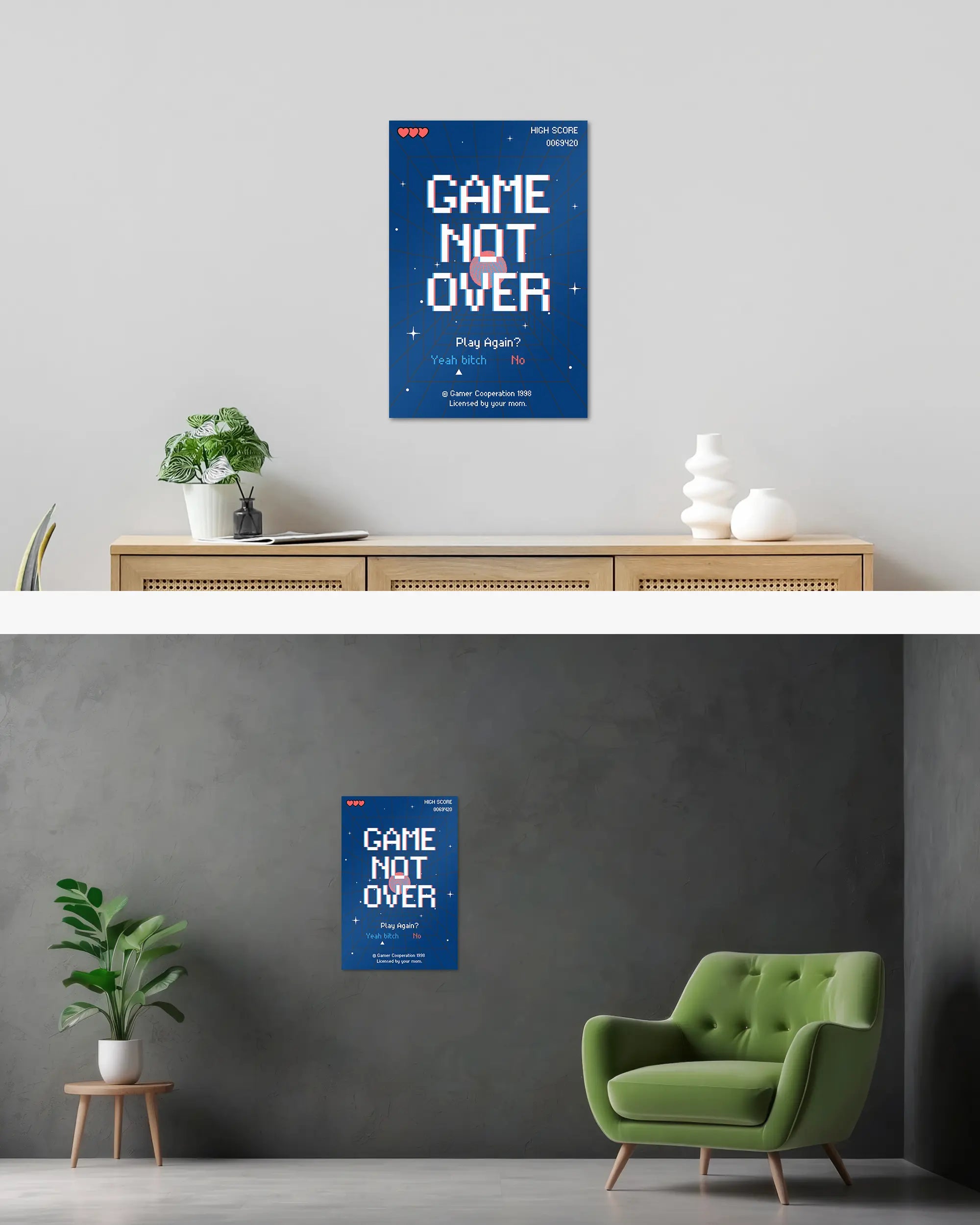 Wandansicht des Poster Plate Designs Game not over im Original Style in der Größe Main (40 x 60 cm)