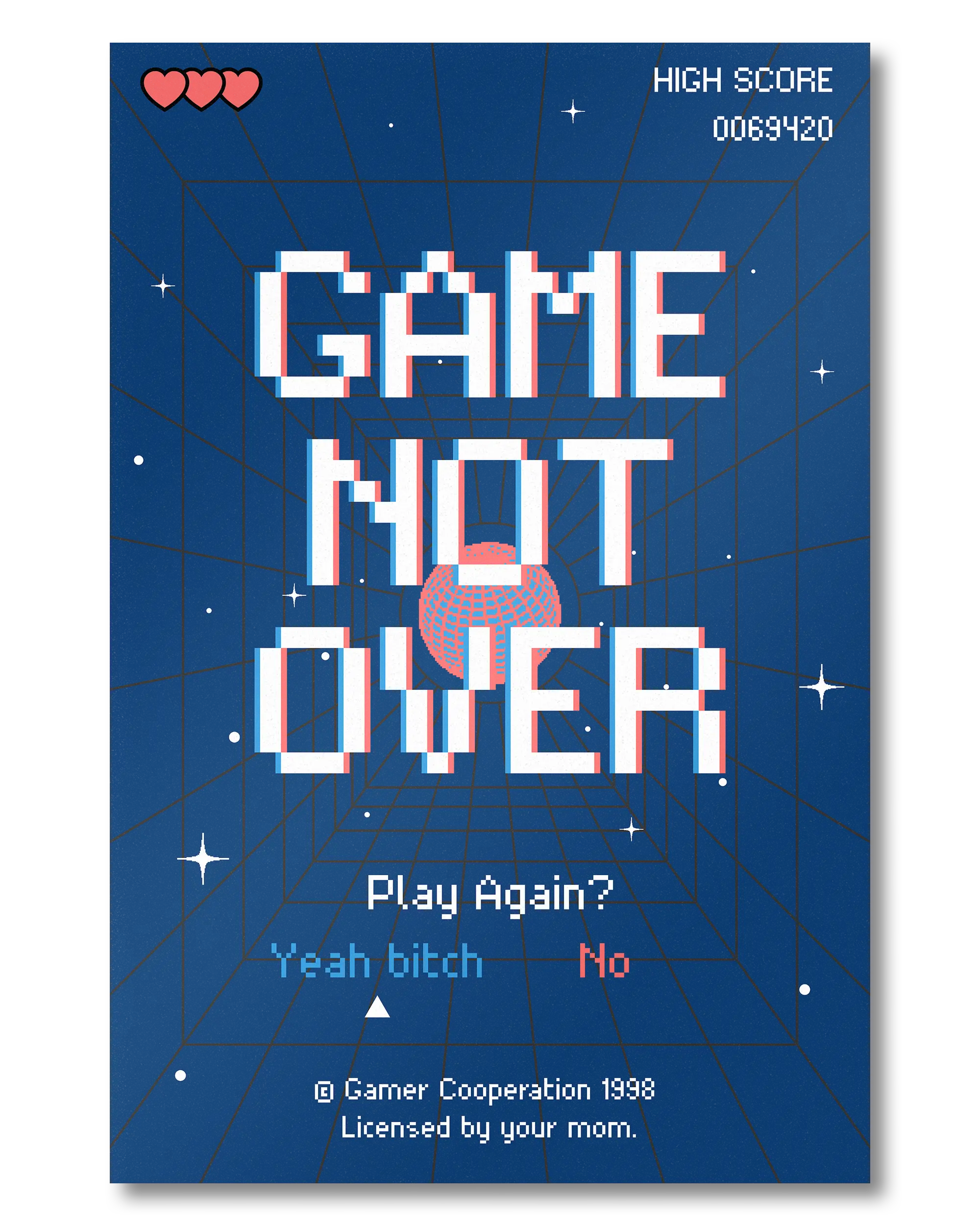 Frontalansicht des Poster Plate Designs Game not over im Original Style in der Größe Mini (20 x 30 cm)