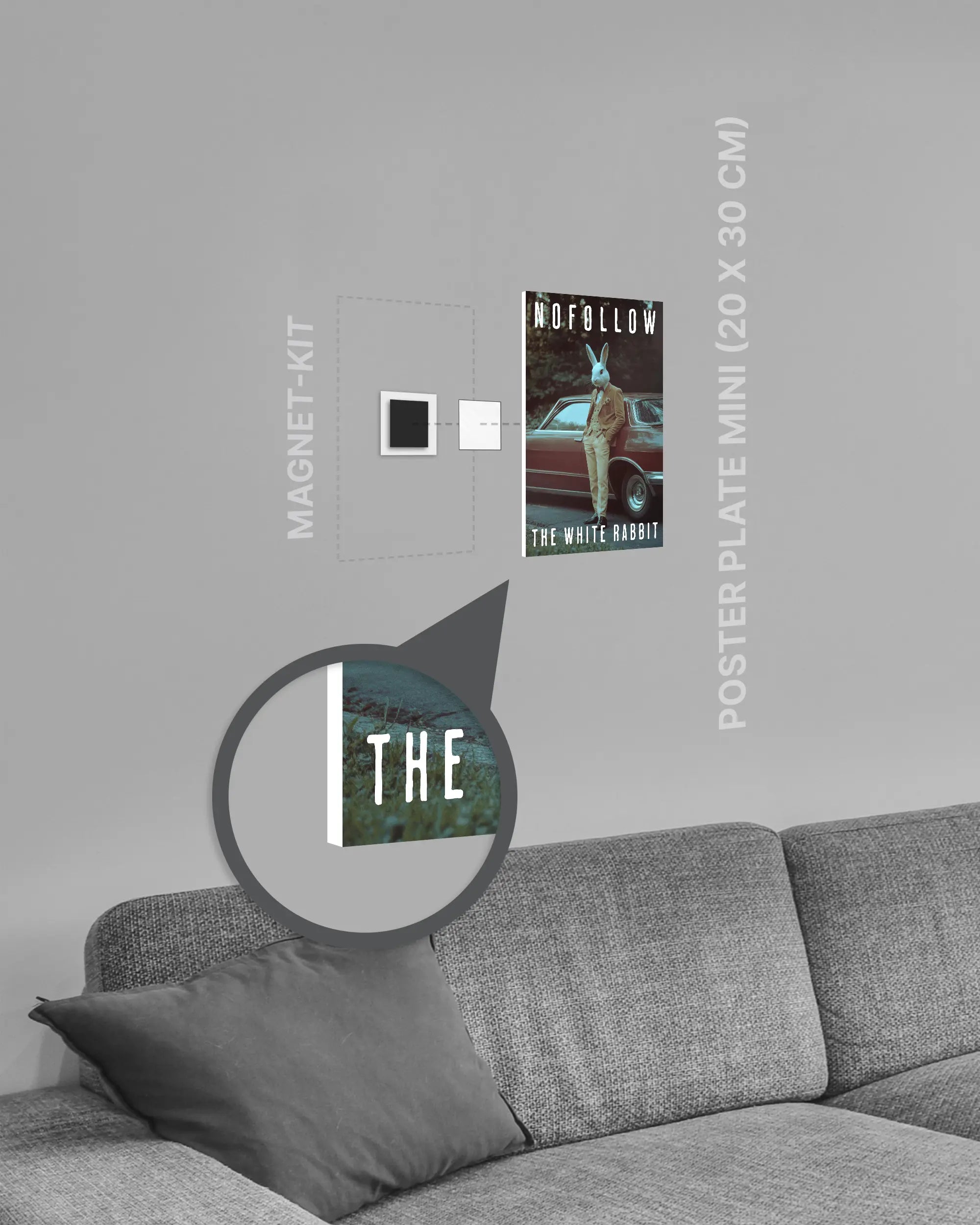 Magnet-Kit Seitenansicht des Poster Plate Designs Nofollow the White Rabbit im Original Style in der Größe Mini (20 x 30 cm)