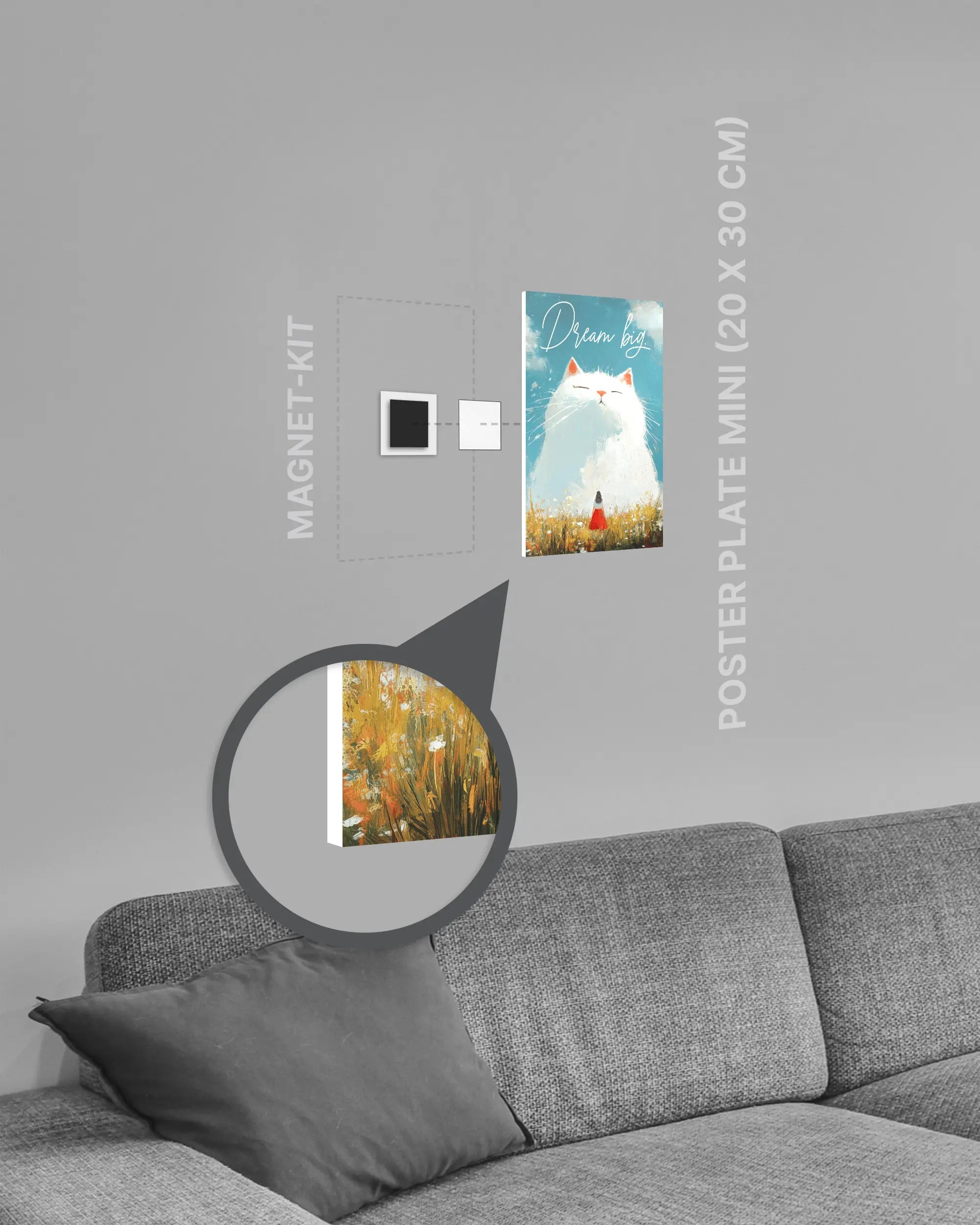 Magnet-Kit Seitenansicht des Poster Plate Designs Dream Big im Original Style in der Größe Mini (20 x 30 cm)