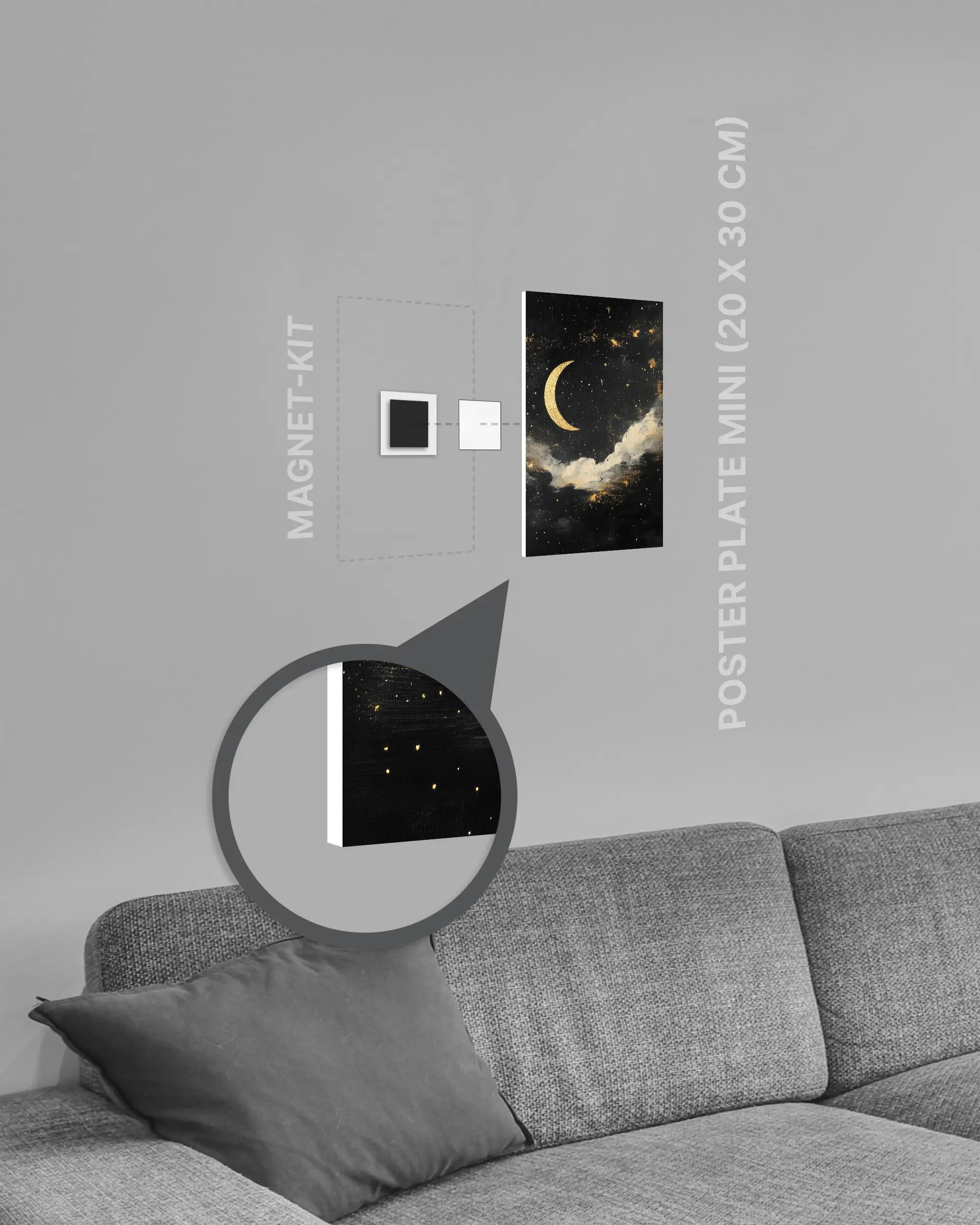 Magnet-Kit Seitenansicht des Poster Plate Designs Goldenes Mondgedicht im Original Style in der Größe Mini (20 x 30 cm)