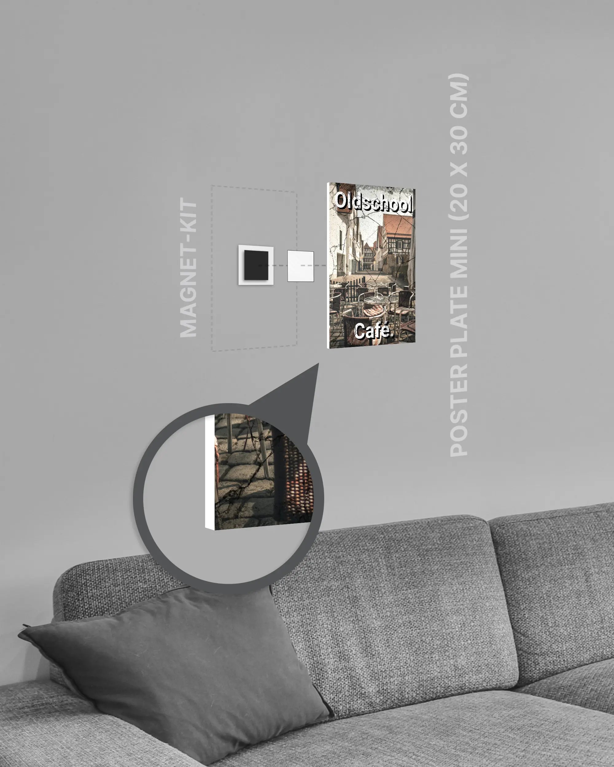 Magnet-Kit Seitenansicht des Poster Plate Designs Oldschool Café im Original Style in der Größe Mini (20 x 30 cm)