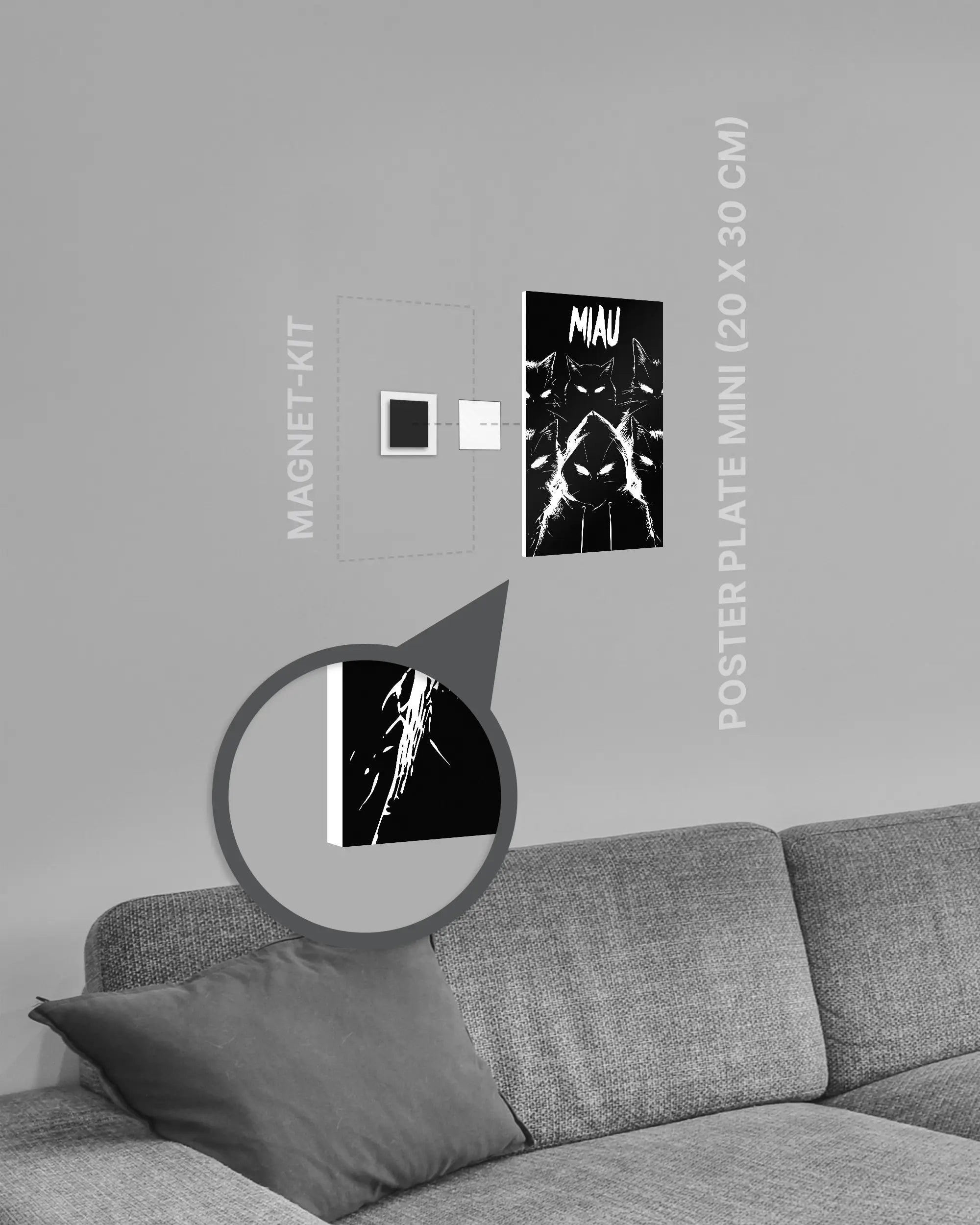 Magnet-Kit Seitenansicht des Poster Plate Designs Miau Gang im Original Style in der Größe Mini (20 x 30 cm)