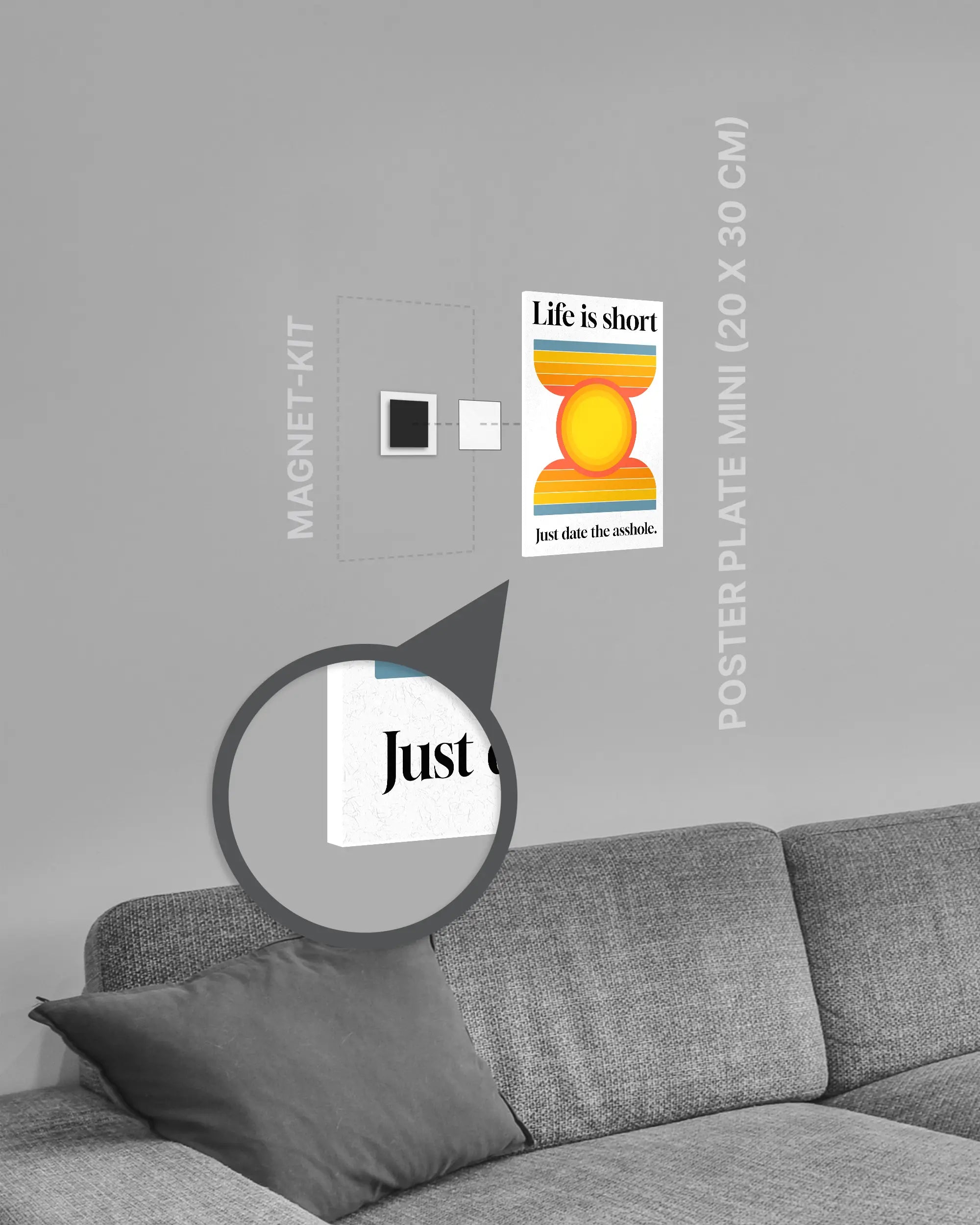 Magnet-Kit Seitenansicht des Poster Plate Designs Life is short im Original Style in der Größe Mini (20 x 30 cm)