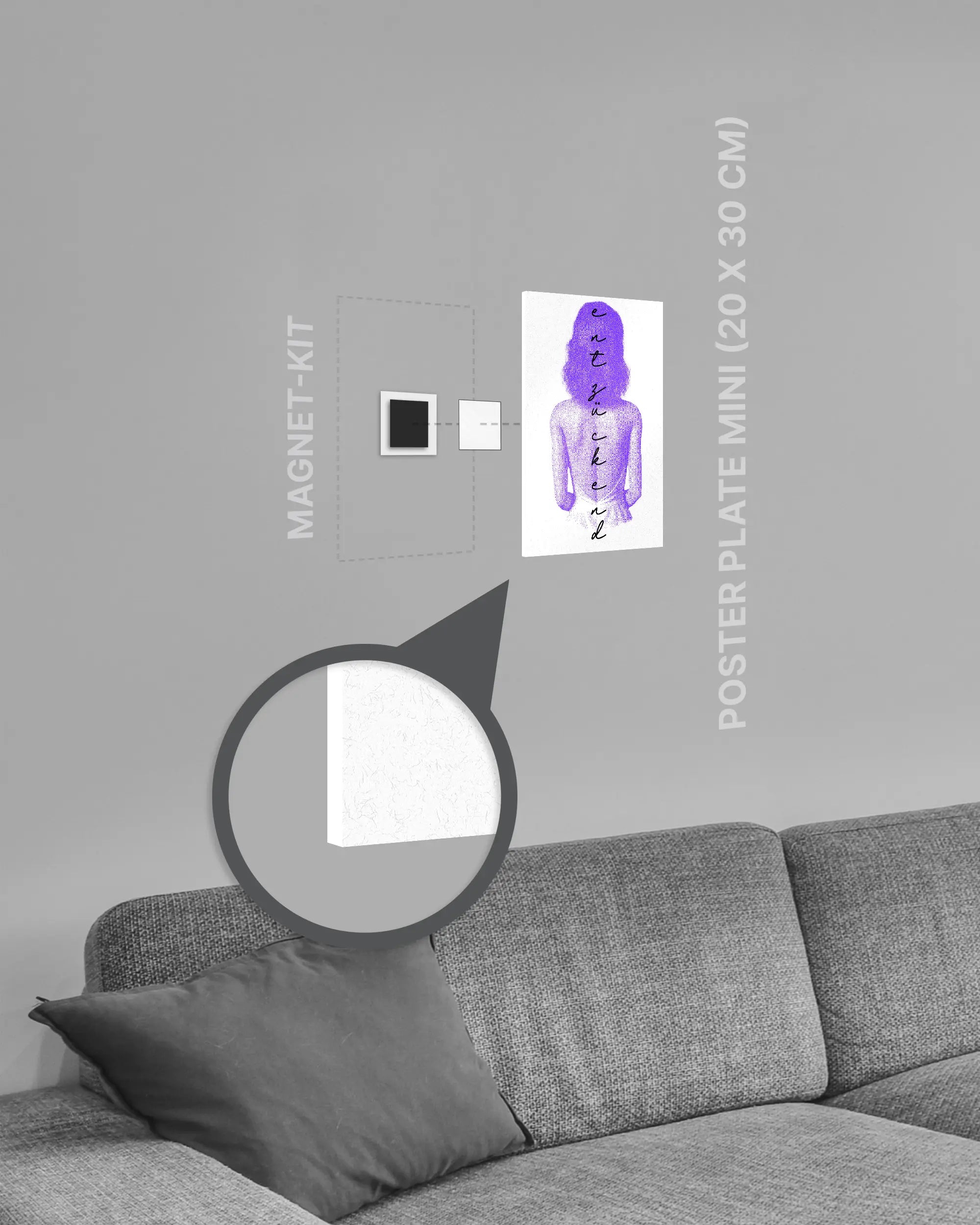 Magnet-Kit Seitenansicht des Poster Plate Designs Rückendeckung im Original Style in der Größe Mini (20 x 30 cm)