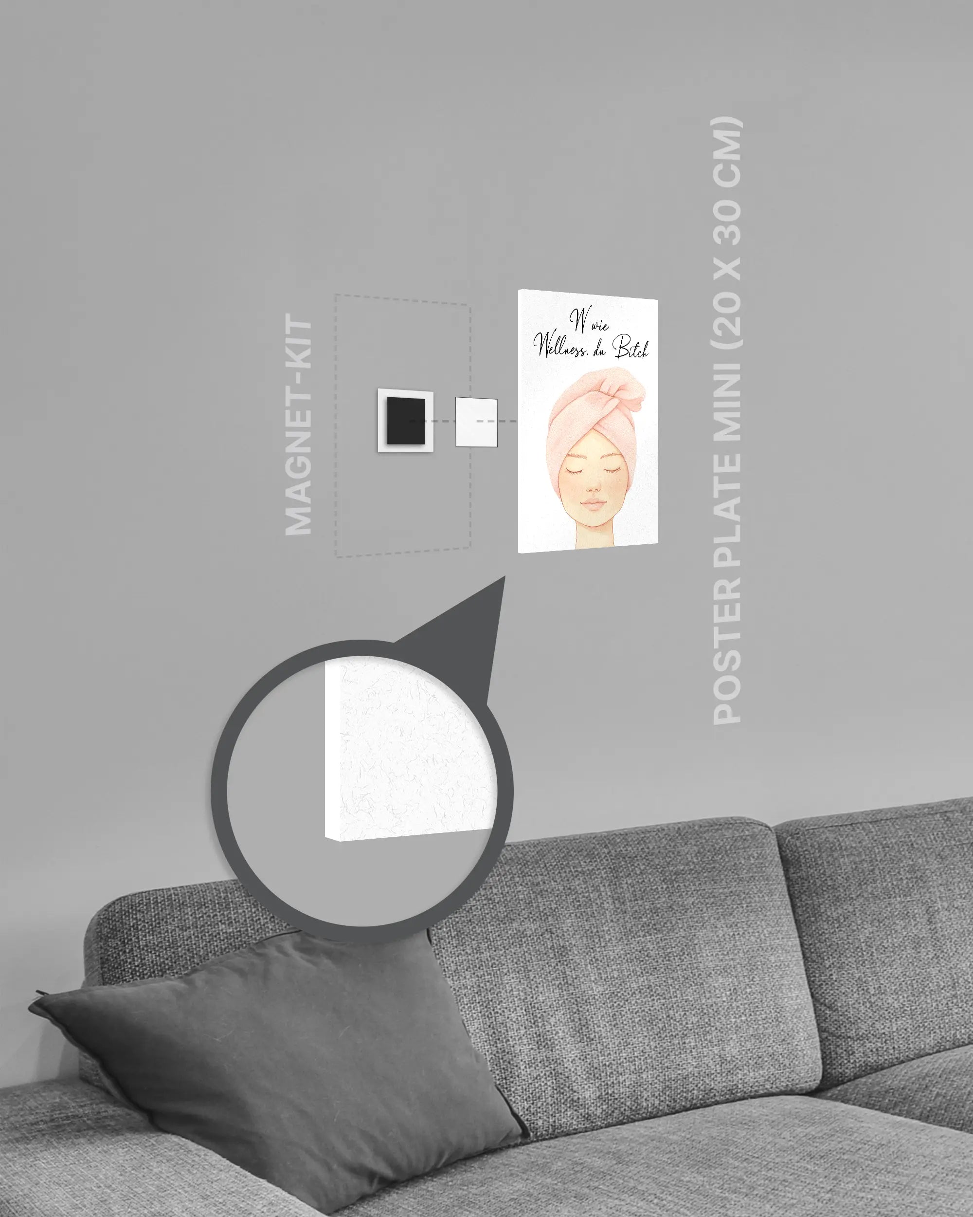 Magnet-Kit Seitenansicht des Poster Plate Designs Wellness Routine im Original Style in der Größe Mini (20 x 30 cm)