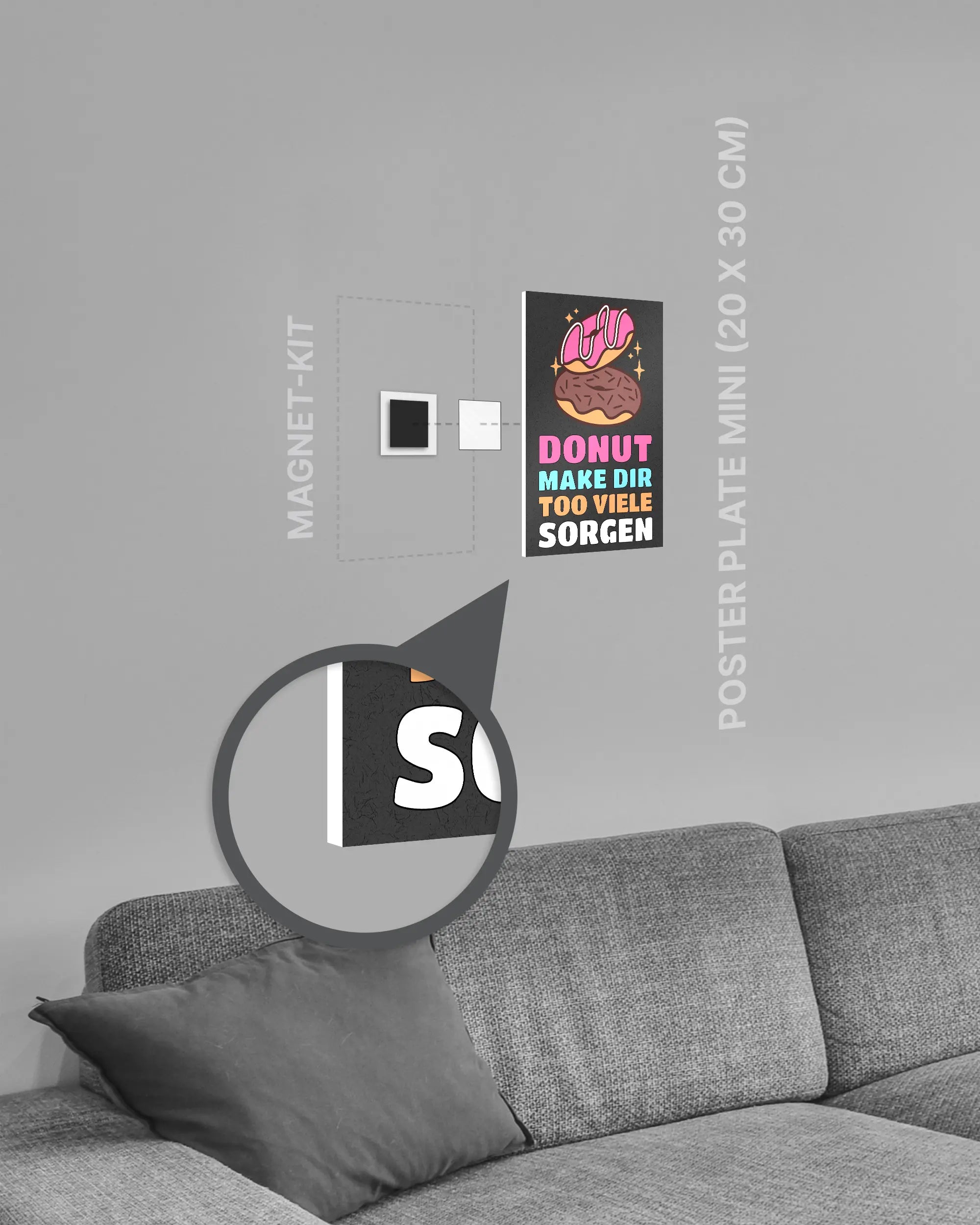 Magnet-Kit Seitenansicht des Poster Plate Designs Donut Worry im Original Style in der Größe Mini (20 x 30 cm)