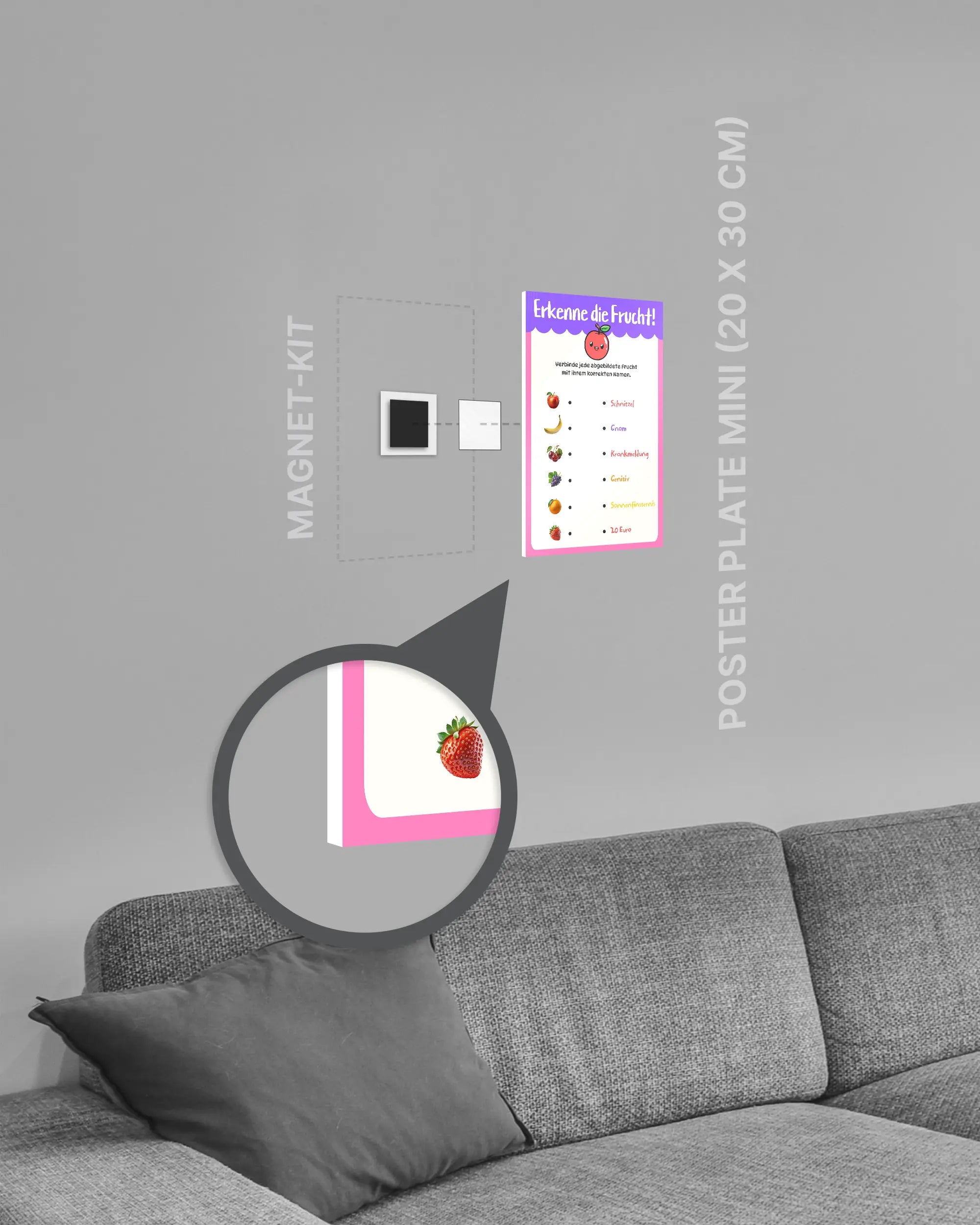 Magnet-Kit Seitenansicht des Poster Plate Designs Fruchtvokabeln im Original Style in der Größe Mini (20 x 30 cm)