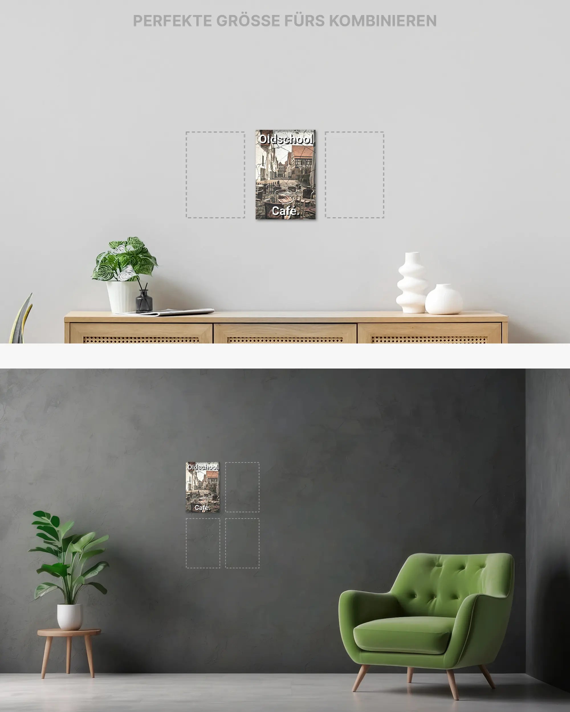 Wandansicht des Poster Plate Designs Oldschool Café im Original Style in der Größe Mini (20 x 30 cm)