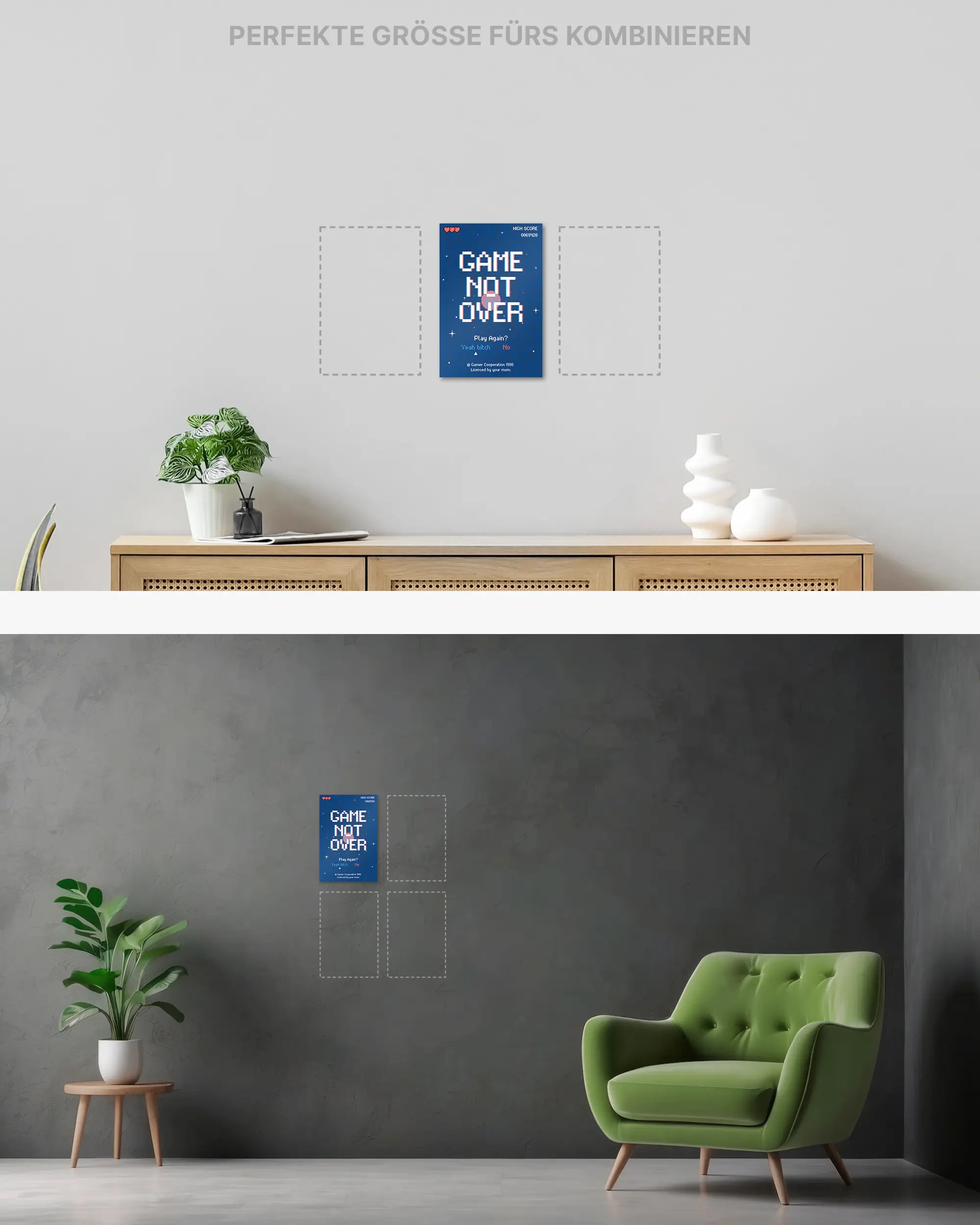 Wandansicht des Poster Plate Designs Game not over im Original Style in der Größe Mini (20 x 30 cm)