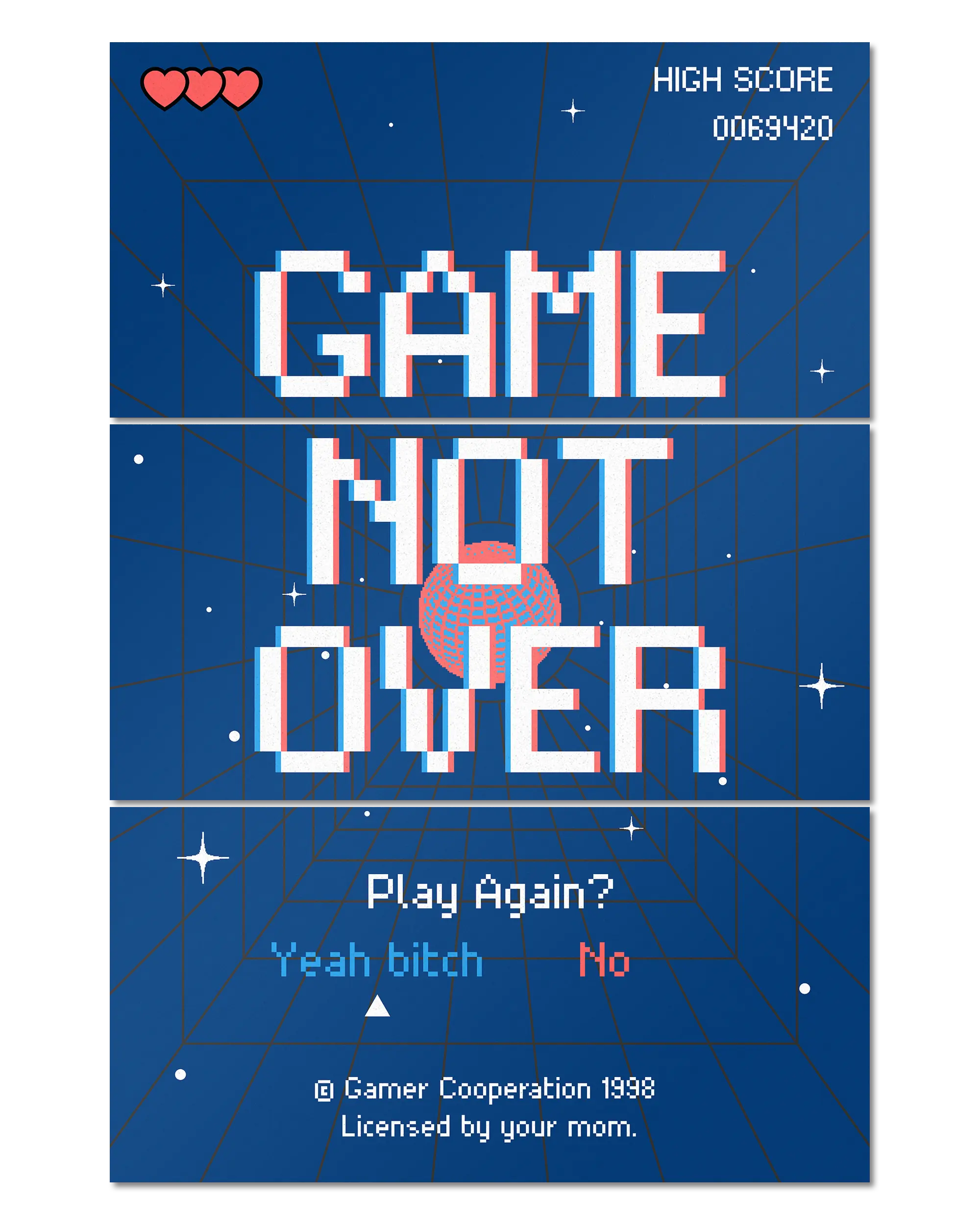 Frontalansicht des Poster Plate Designs Game not over im Original Style in der Größe Mighty (60 x 90 cm)