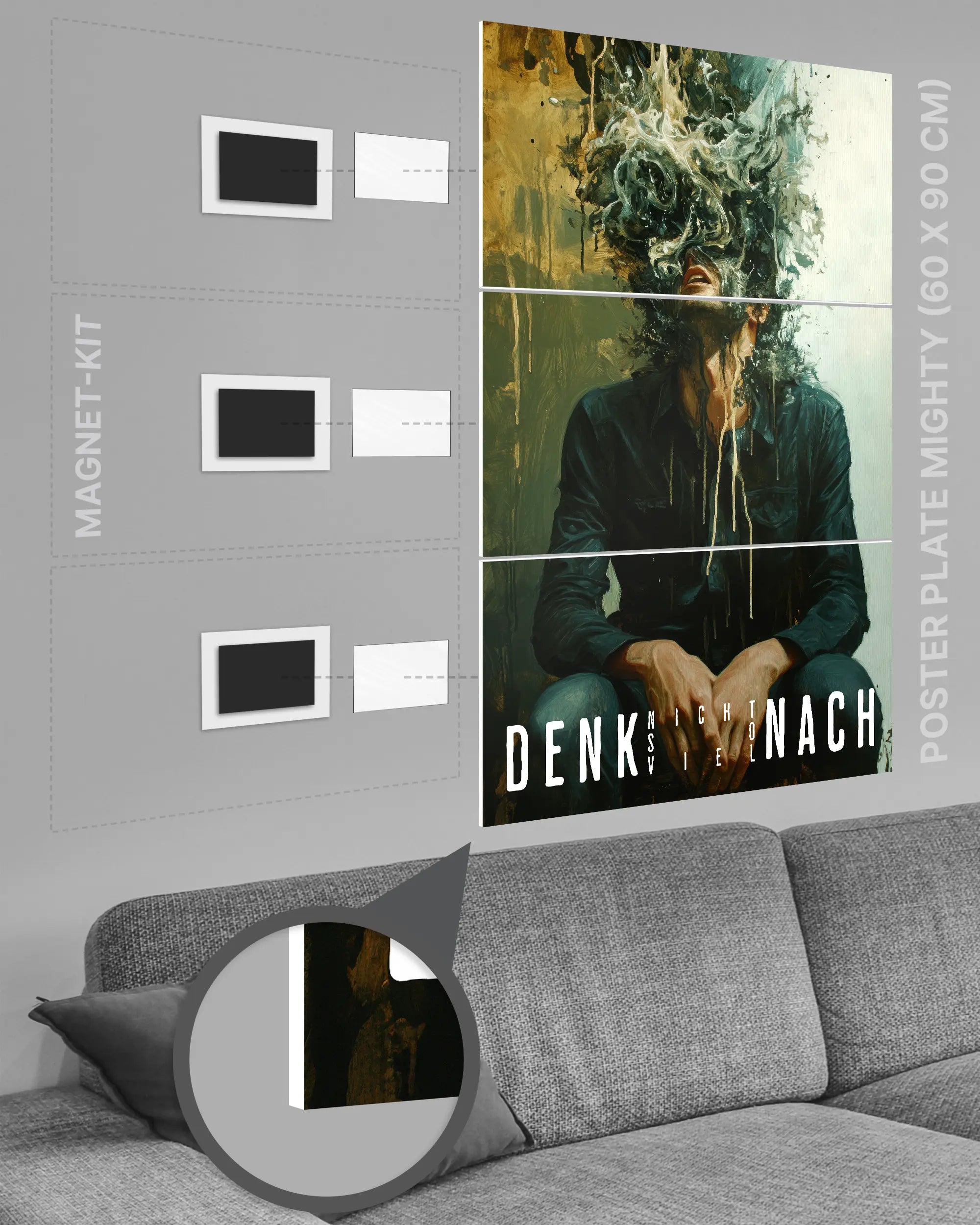 Magnet-Kit Seitenansicht des Poster Plate Designs Denkblockade im Original Style in der Größe Mighty (60 x 90 cm)