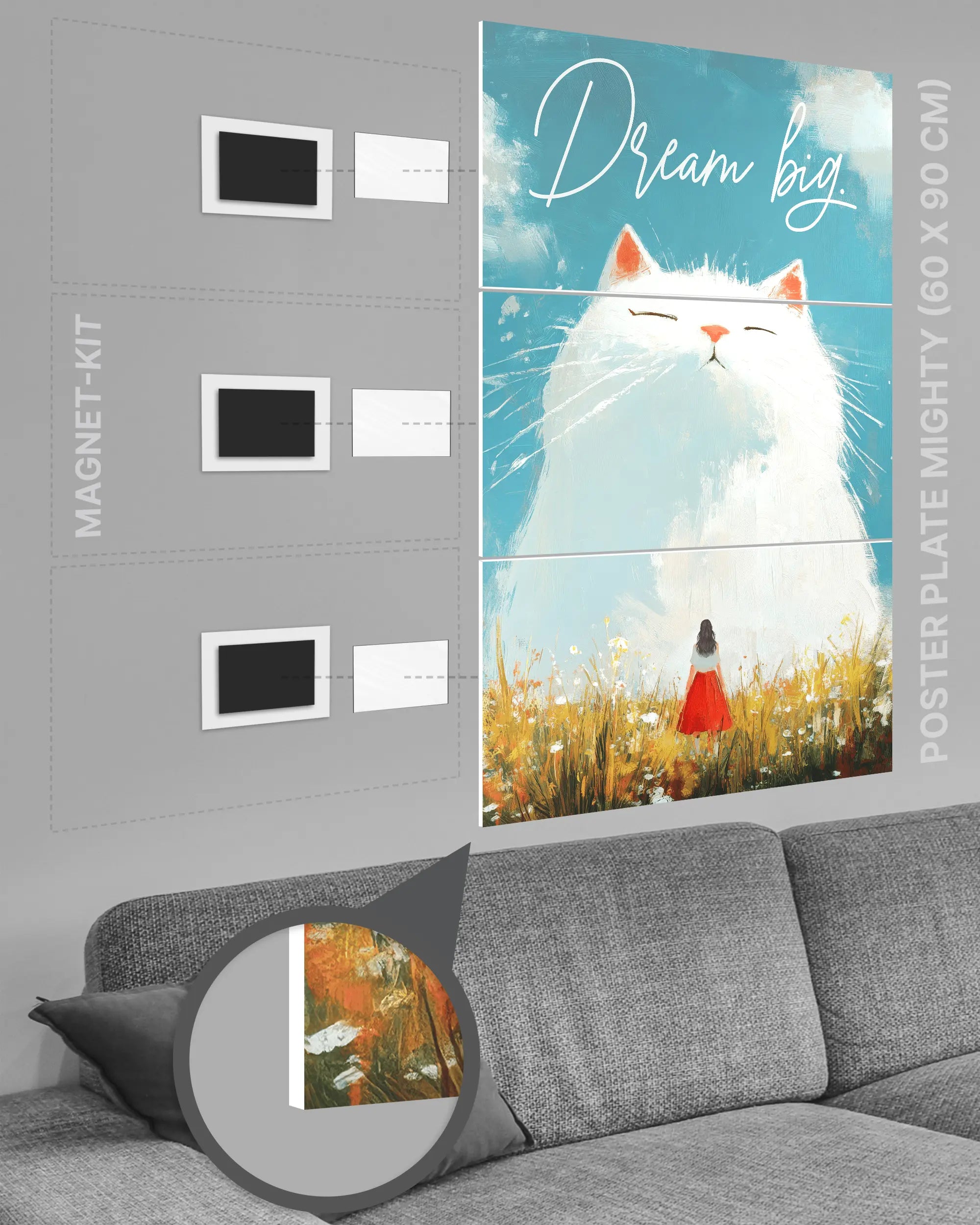 Magnet-Kit Seitenansicht des Poster Plate Designs Dream Big im Original Style in der Größe Mighty (60 x 90 cm)