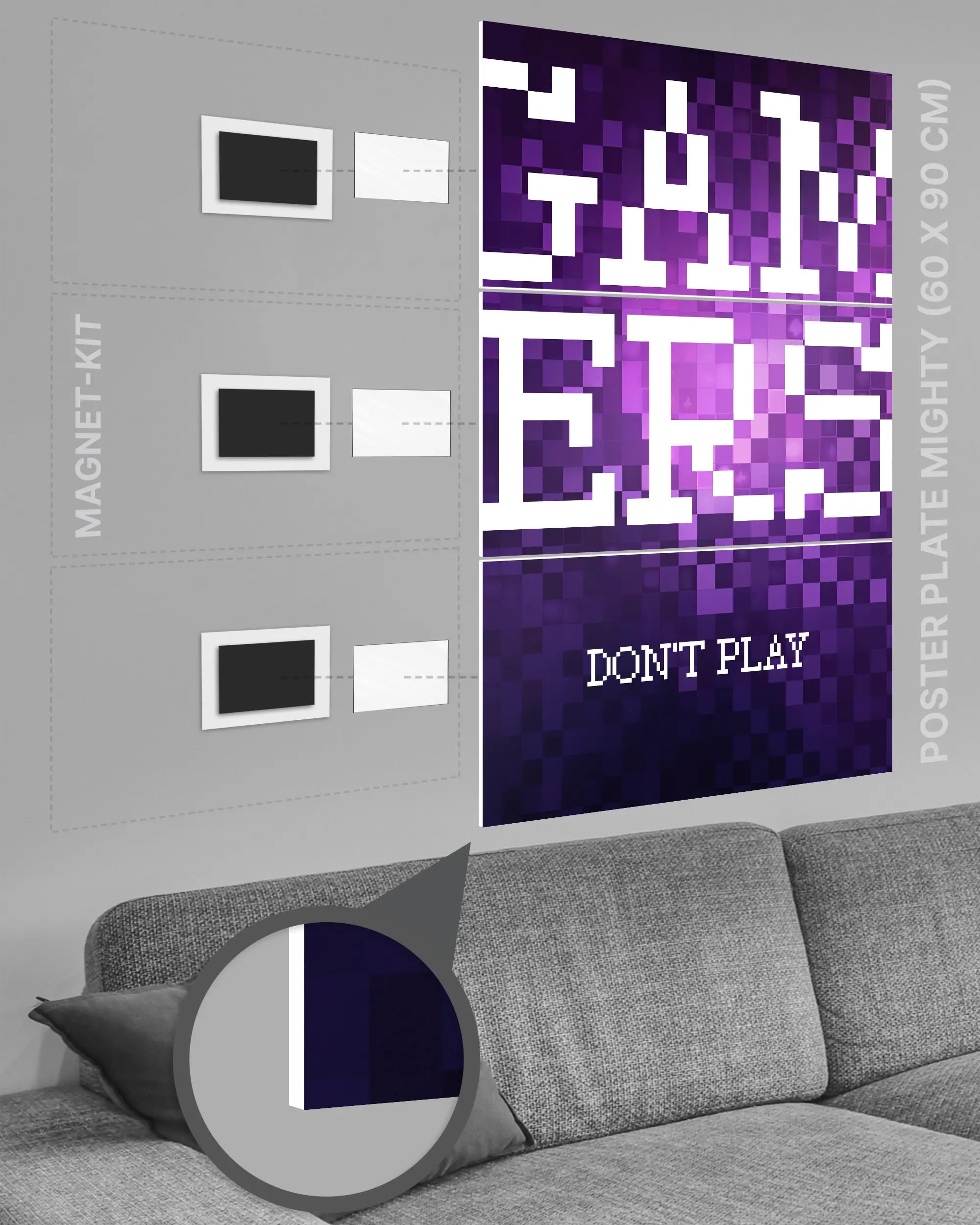 Magnet-Kit Seitenansicht des Poster Plate Designs Gamers don't play im Original Style in der Größe Mighty (60 x 90 cm)