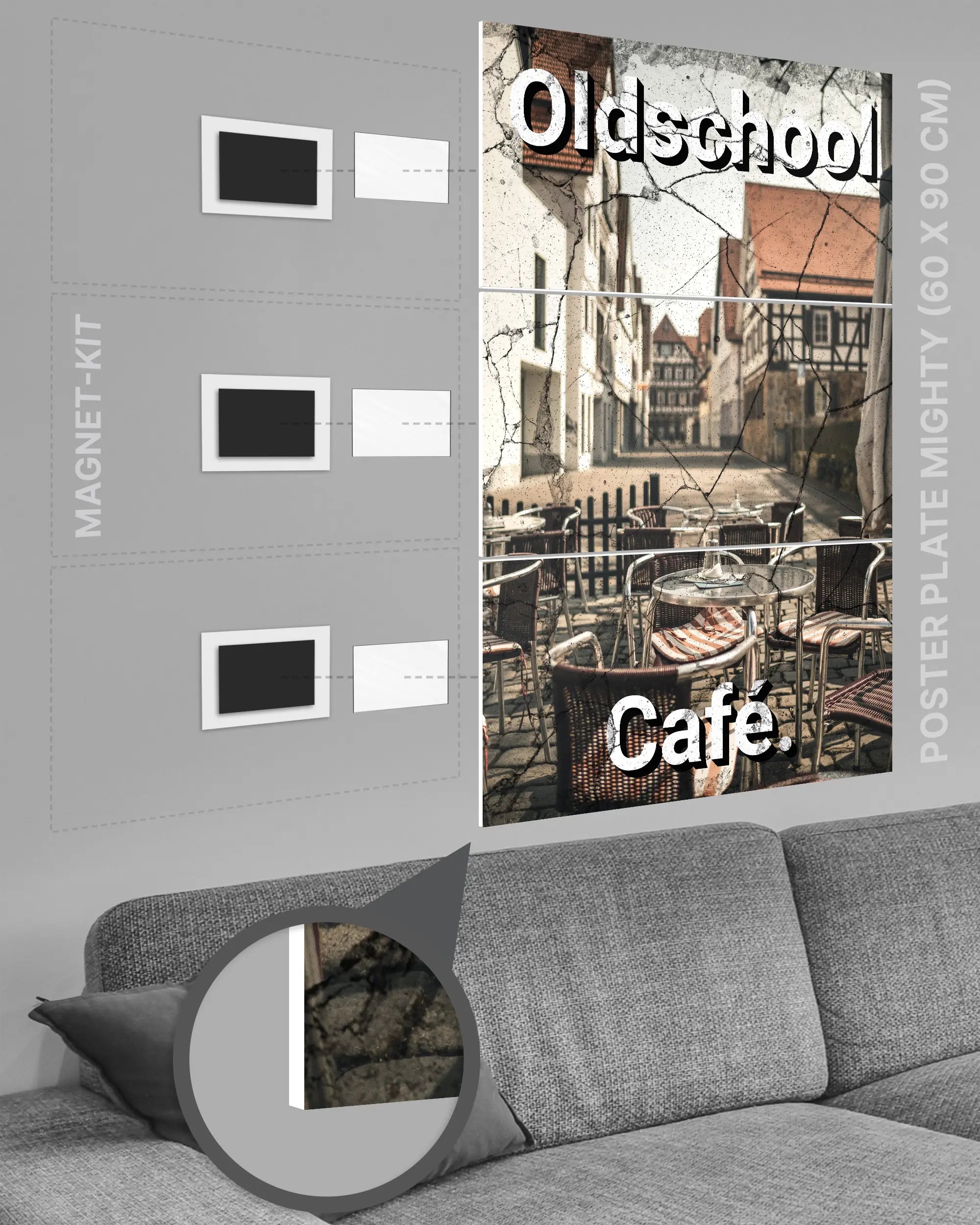 Magnet-Kit Seitenansicht des Poster Plate Designs Oldschool Café im Original Style in der Größe Mighty (60 x 90 cm)
