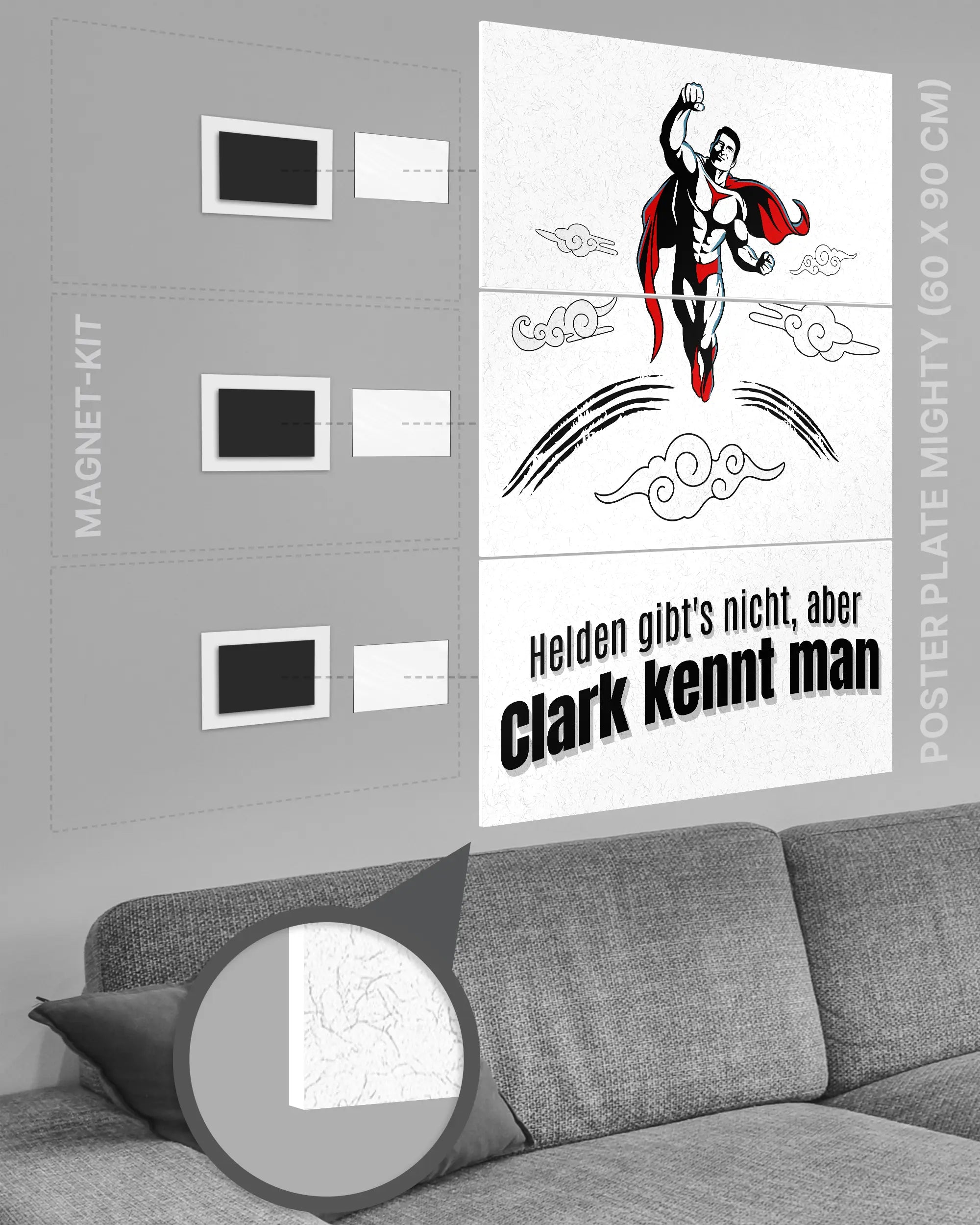 Magnet-Kit Seitenansicht des Poster Plate Designs Clark kennt man im Original Style in der Größe Mighty (60 x 90 cm)