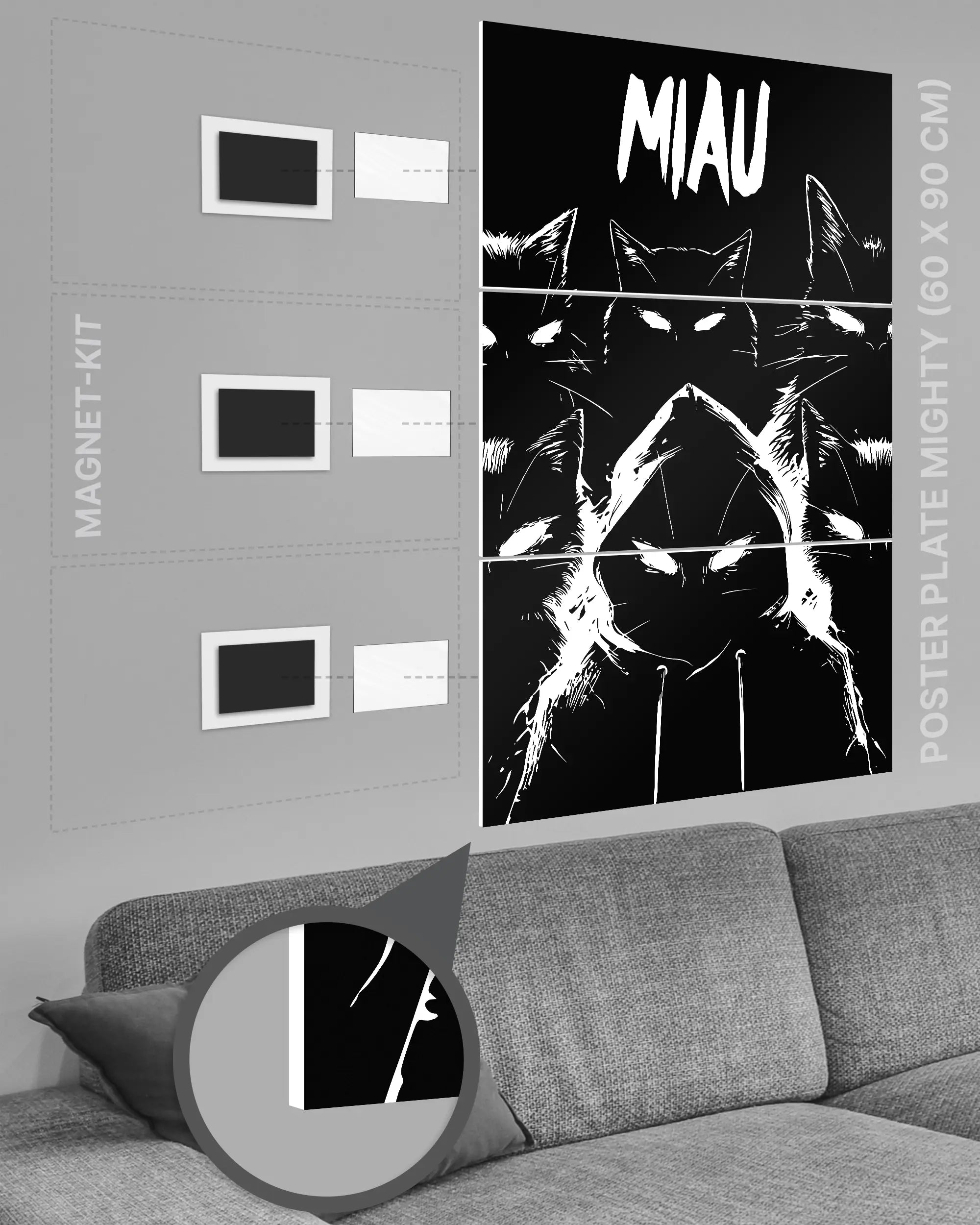 Magnet-Kit Seitenansicht des Poster Plate Designs Miau Gang im Original Style in der Größe Mighty (60 x 90 cm)