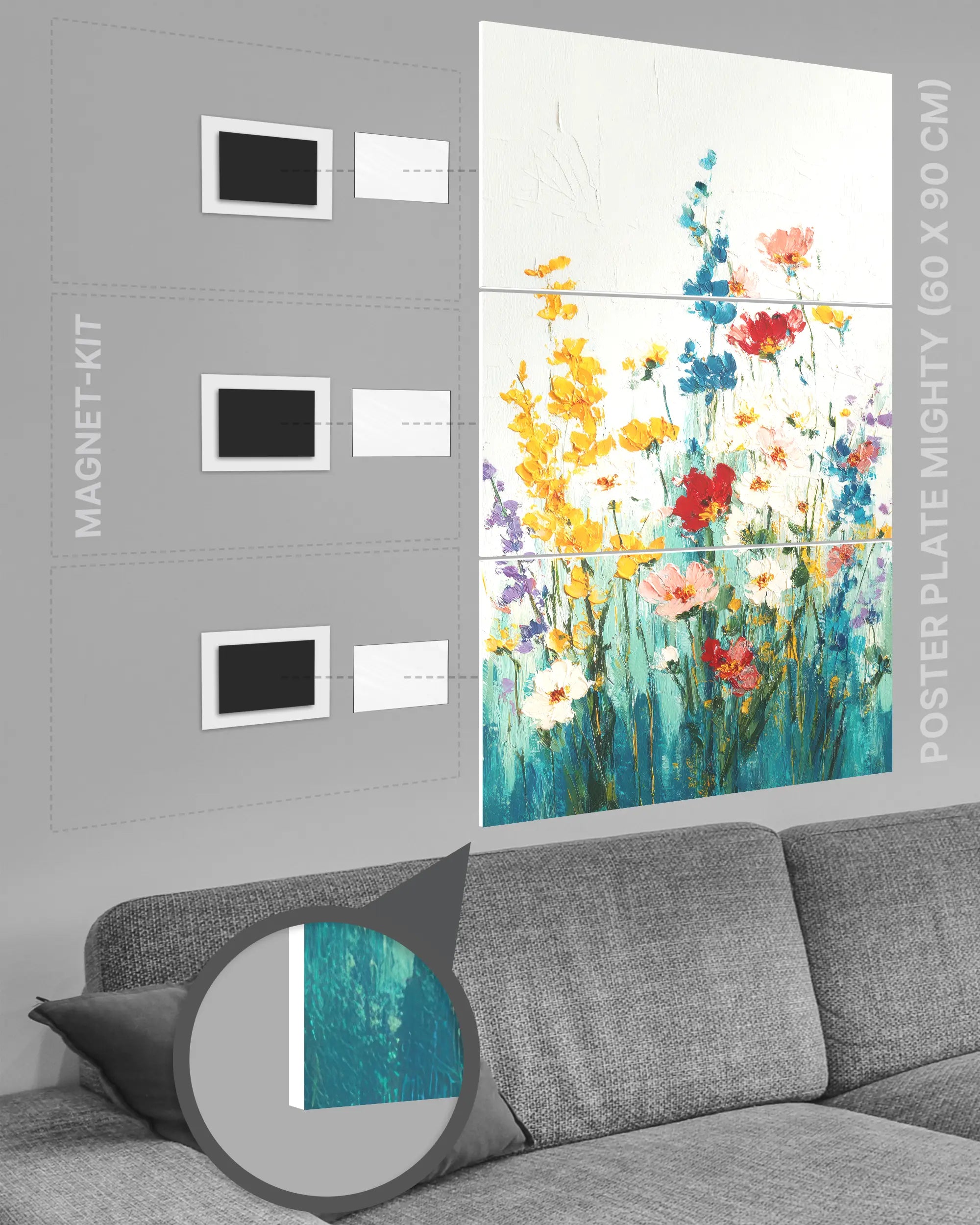 Magnet-Kit Seitenansicht des Poster Plate Designs Blühen statt Mühen im Original Style in der Größe Mighty (60 x 90 cm)