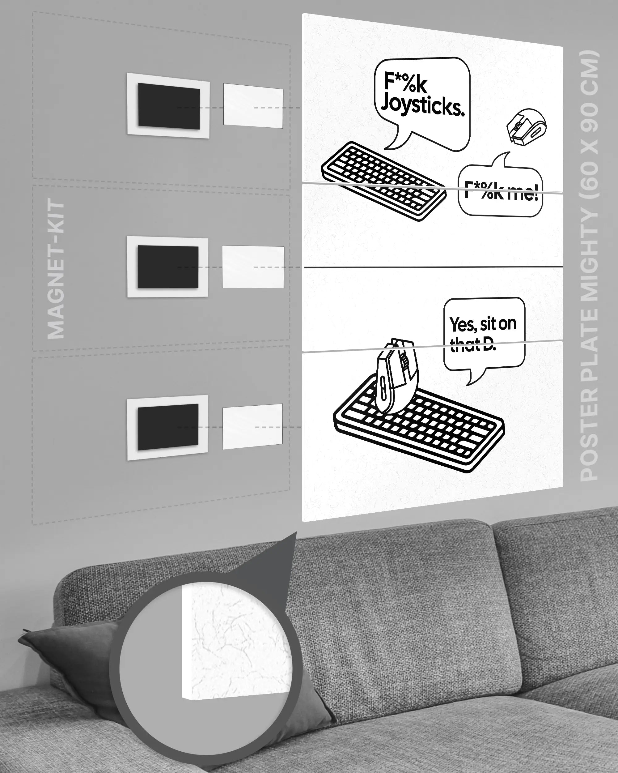 Magnet-Kit Seitenansicht des Poster Plate Designs Keystrokes im Original Style in der Größe Mighty (60 x 90 cm)