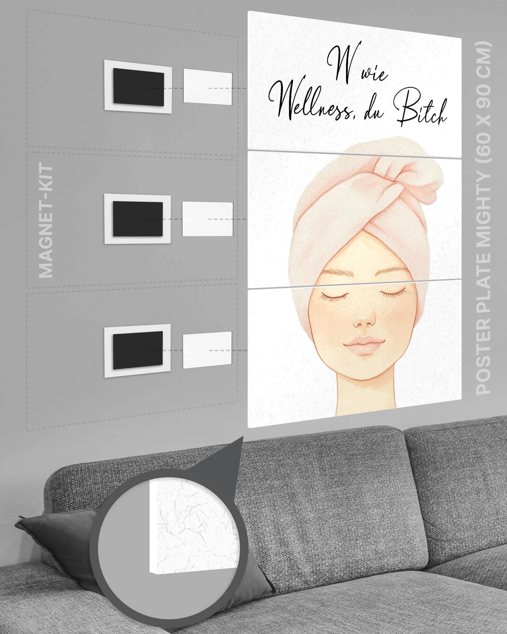 Magnet-Kit Seitenansicht des Poster Plate Designs Wellness Routine im Original Style in der Größe Mighty (60 x 90 cm)