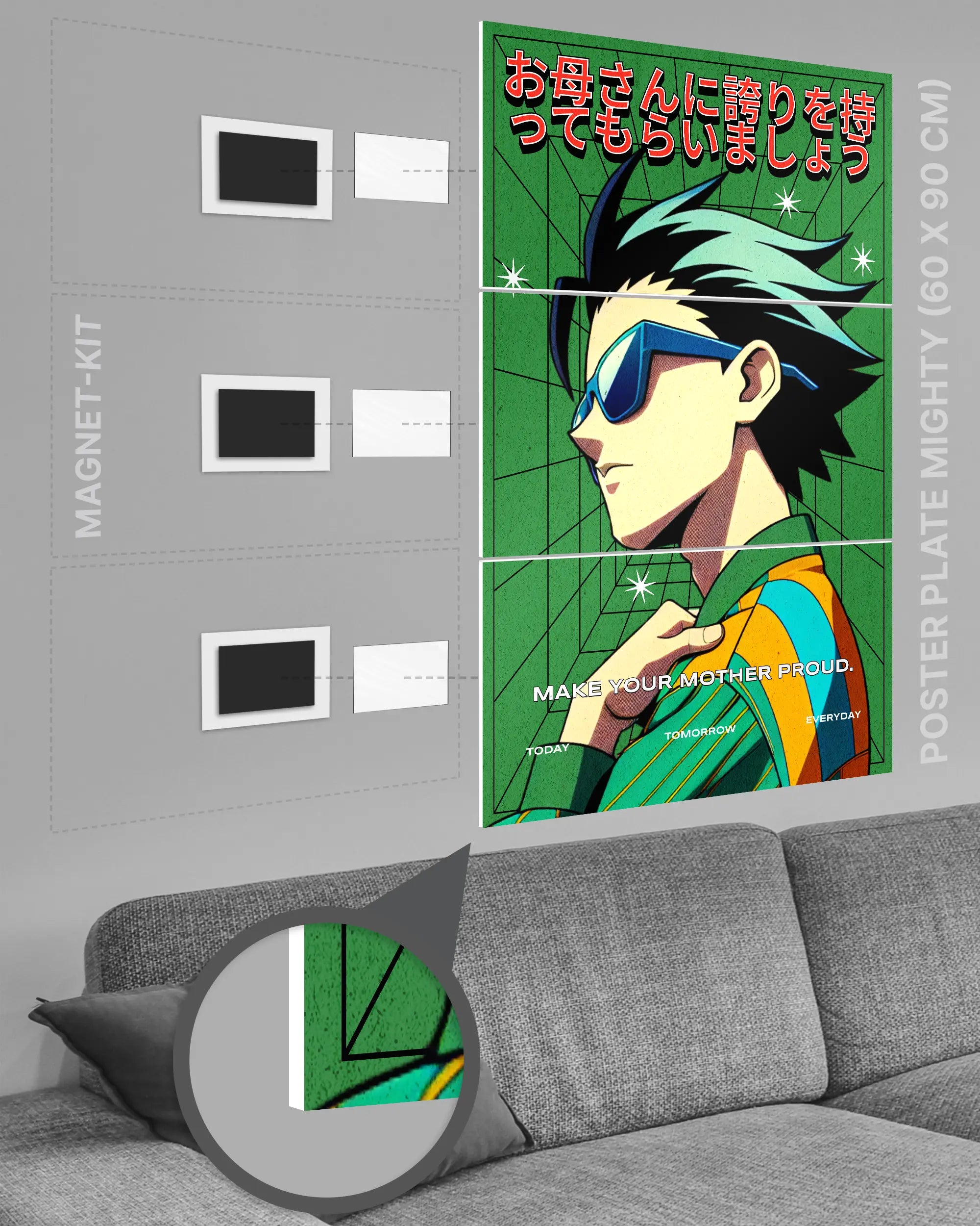 Magnet-Kit Seitenansicht des Poster Plate Designs Make her proud im Original Style in der Größe Mighty (60 x 90 cm)