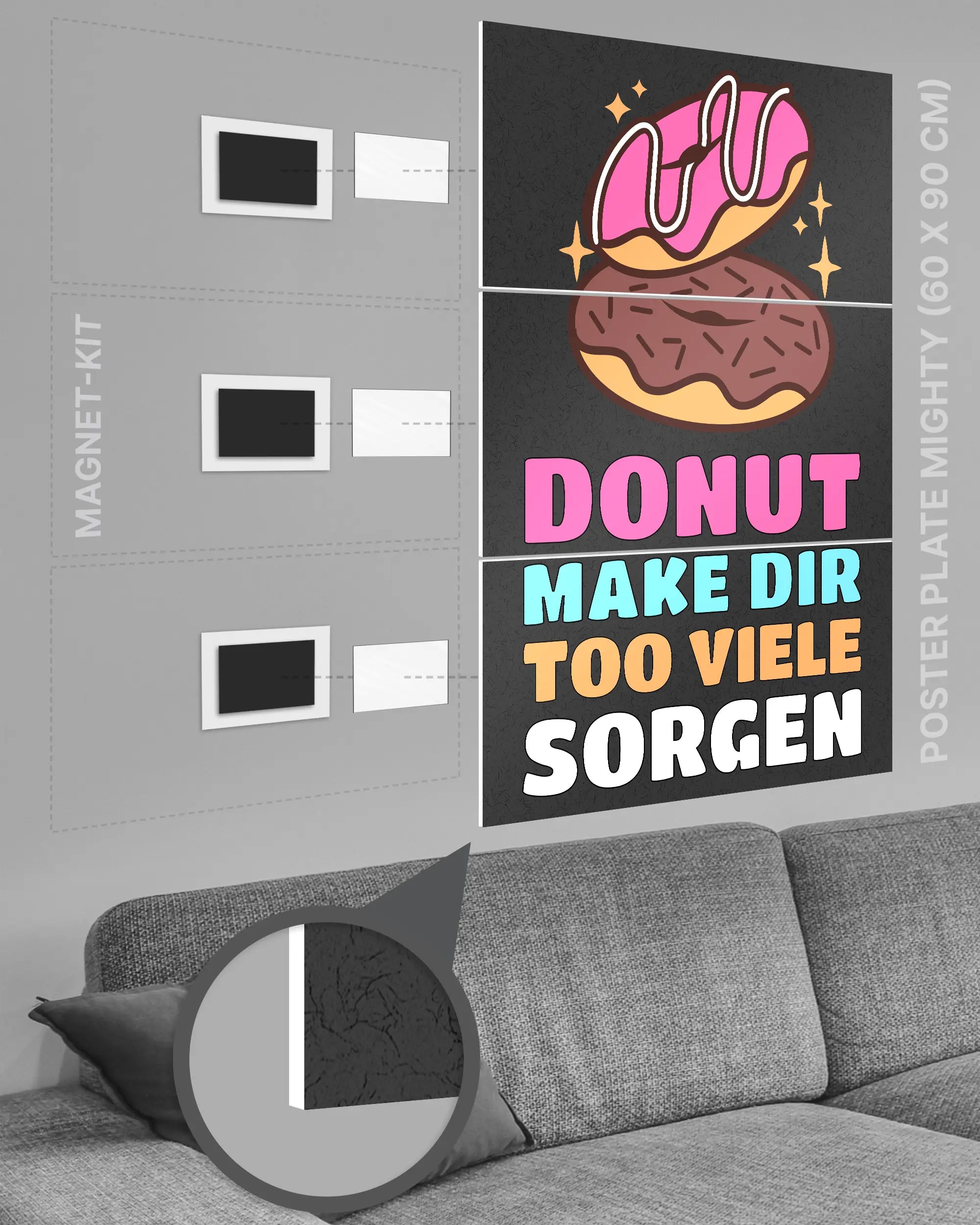 Magnet-Kit Seitenansicht des Poster Plate Designs Donut Worry im Original Style in der Größe Mighty (60 x 90 cm)