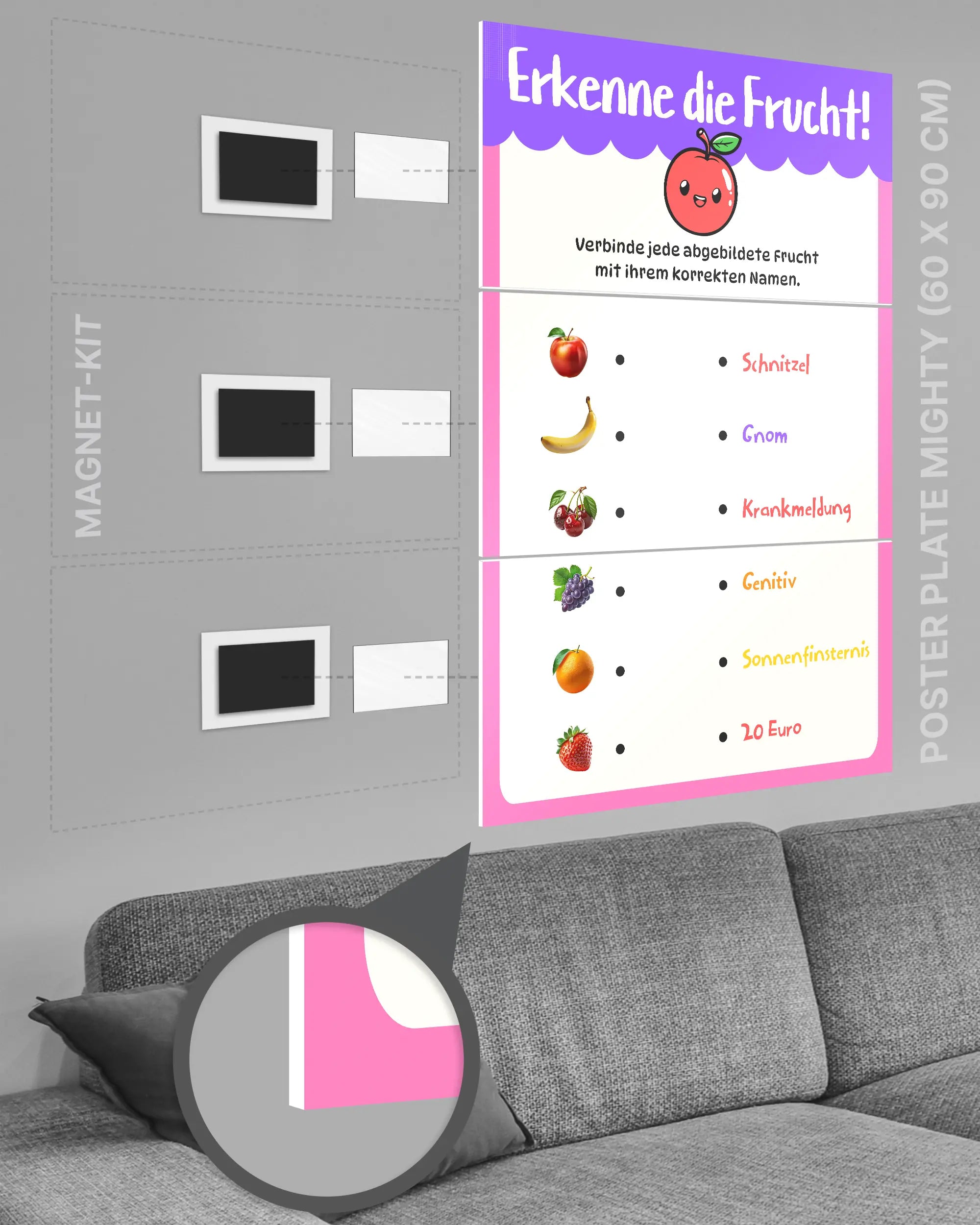Magnet-Kit Seitenansicht des Poster Plate Designs Fruchtvokabeln im Original Style in der Größe Mighty (60 x 90 cm)