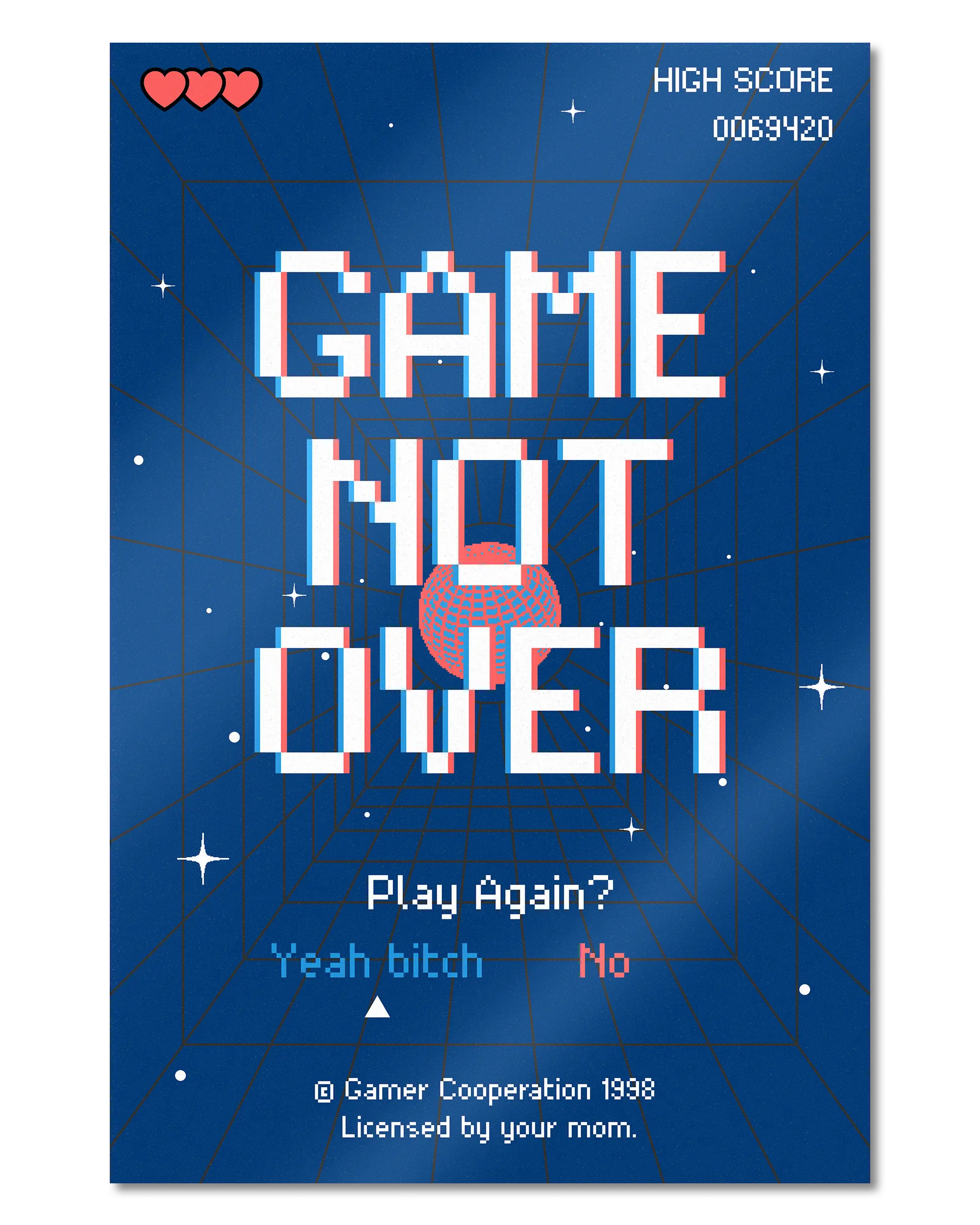 Frontalansicht des Poster Plate Designs Game not over im Metallic Style in der Größe Main (40 x 60 cm)