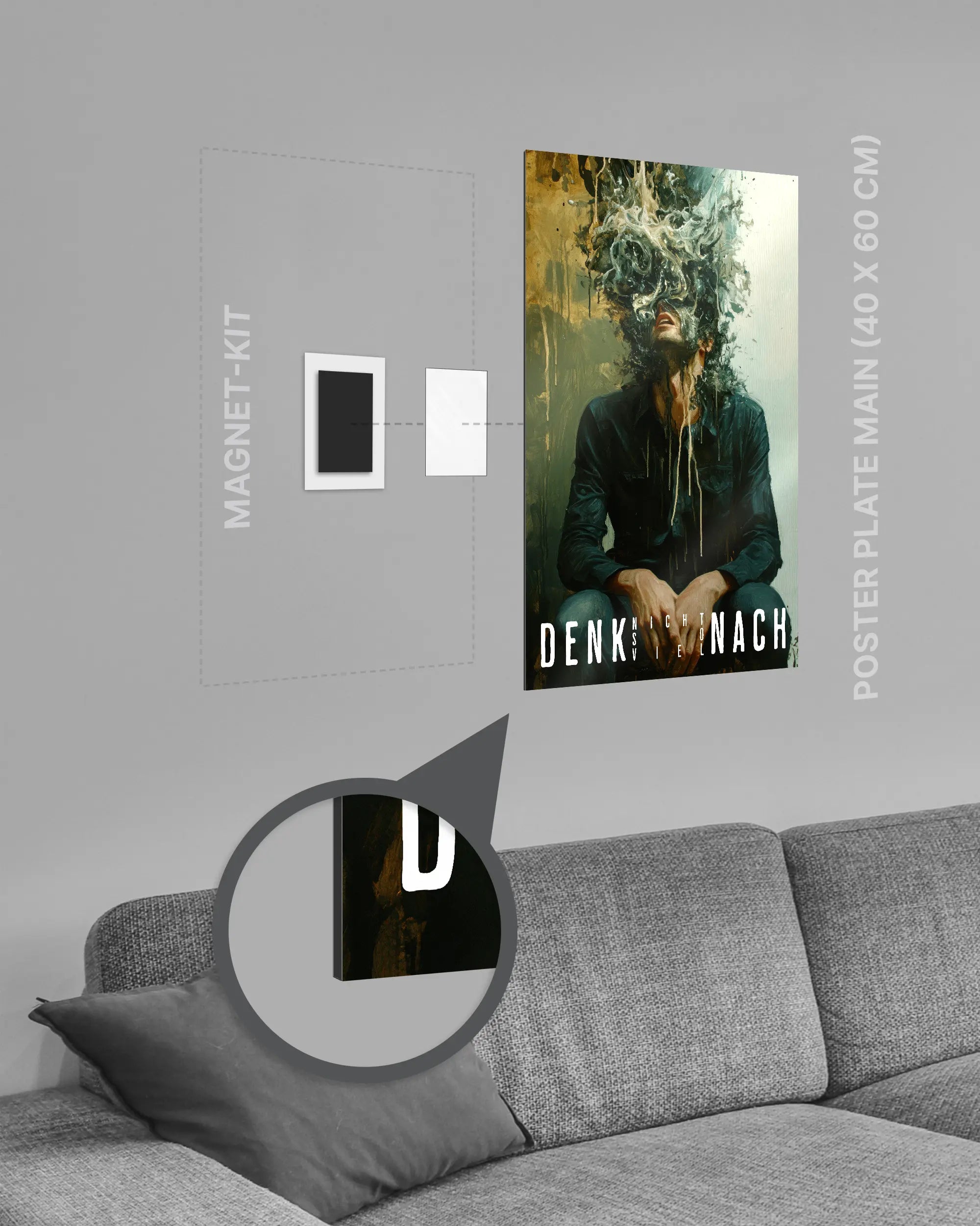 Magnet-Kit Seitenansicht des Poster Plate Designs Denkblockade im Metallic Style in der Größe Main (40 x 60 cm)