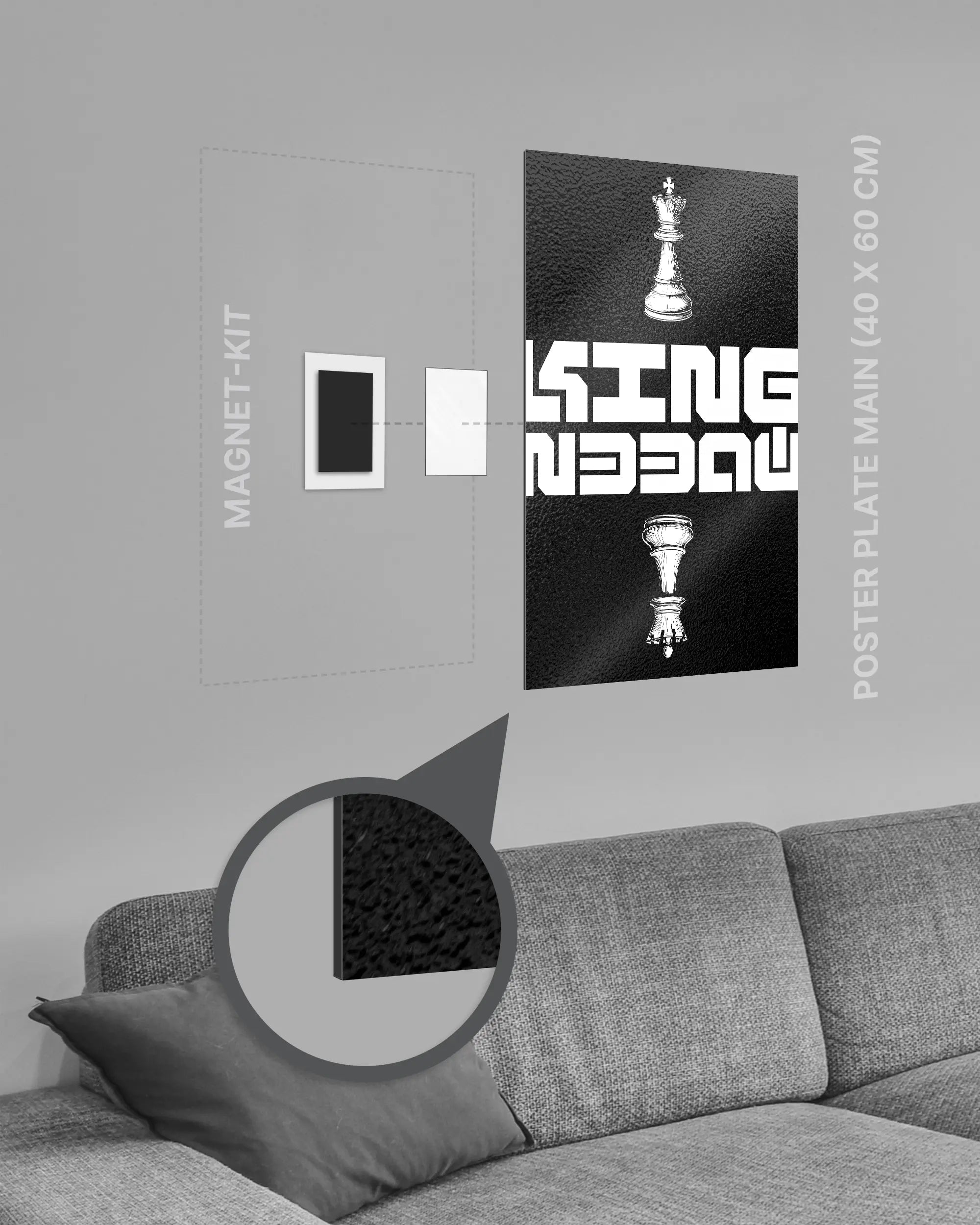 Magnet-Kit Seitenansicht des Poster Plate Designs Chessday im Metallic Style in der Größe Main (40 x 60 cm)