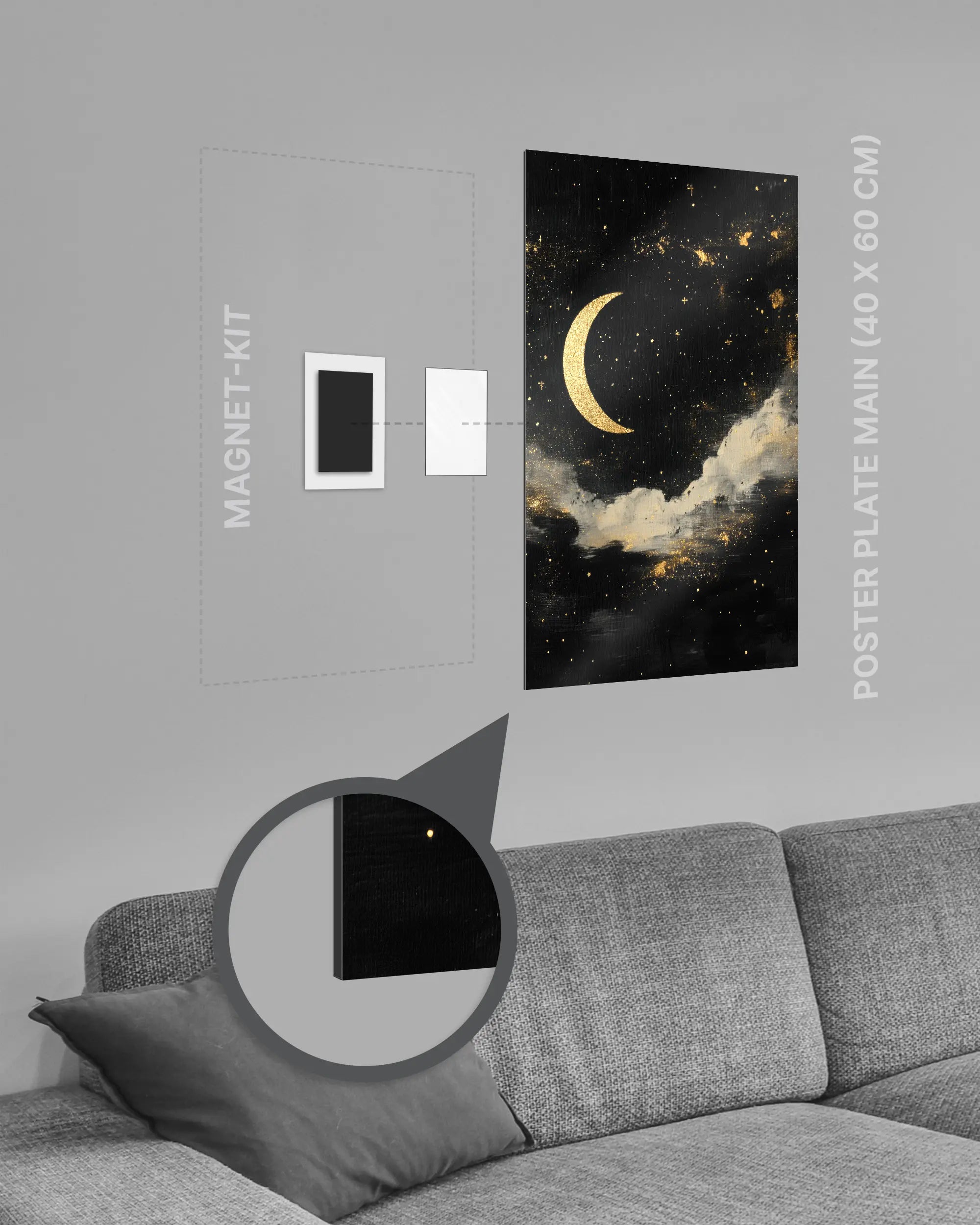 Magnet-Kit Seitenansicht des Poster Plate Designs Goldenes Mondgedicht im Metallic Style in der Größe Main (40 x 60 cm)