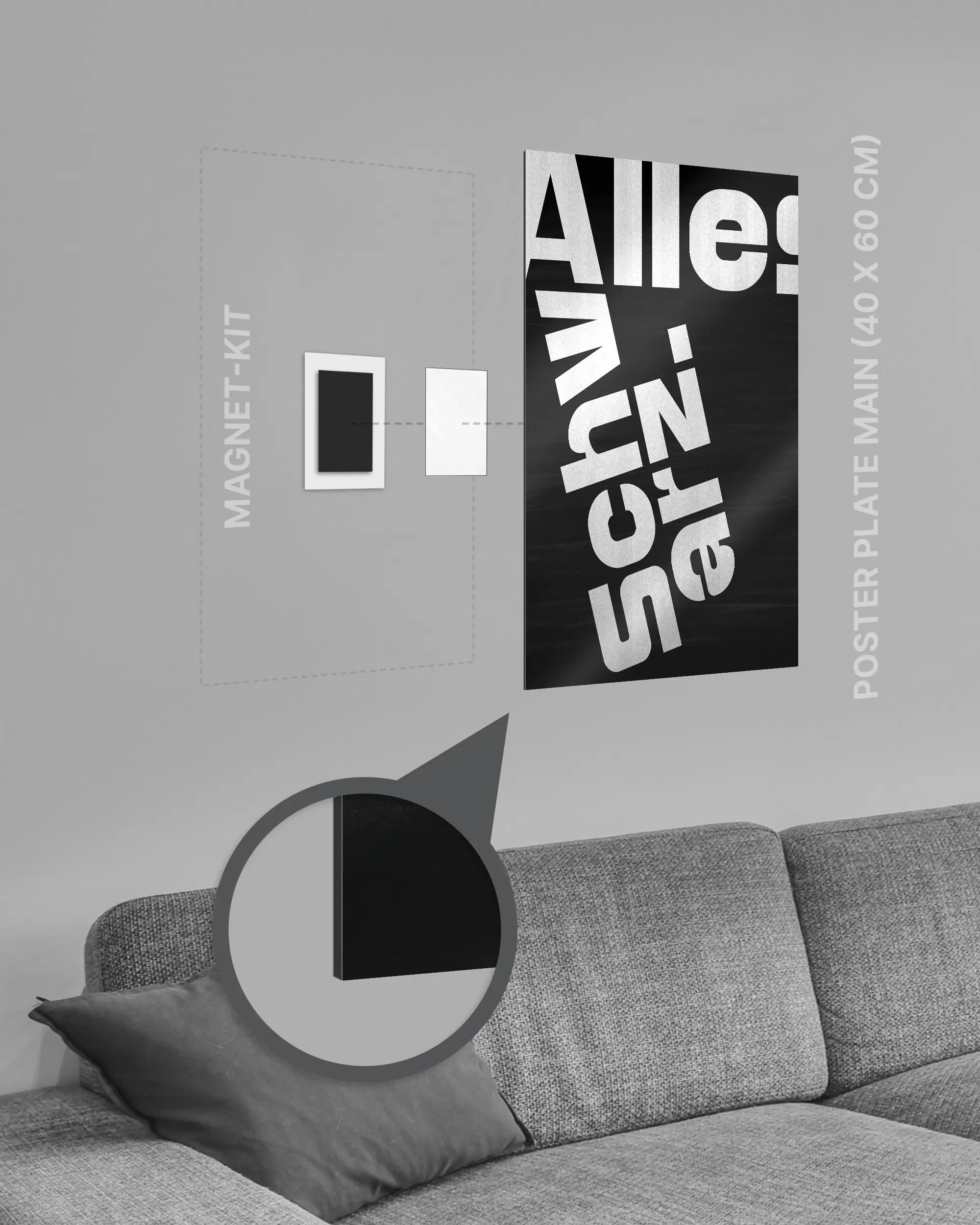 Magnet-Kit Seitenansicht des Poster Plate Designs Alles Schwarz im Metallic Style in der Größe Main (40 x 60 cm)